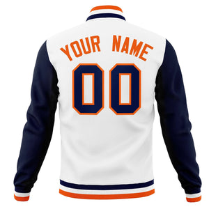 Custom White Orange-Navy Varsity Full-Snap Raglan Sleeves Letterman Baseball Jacket