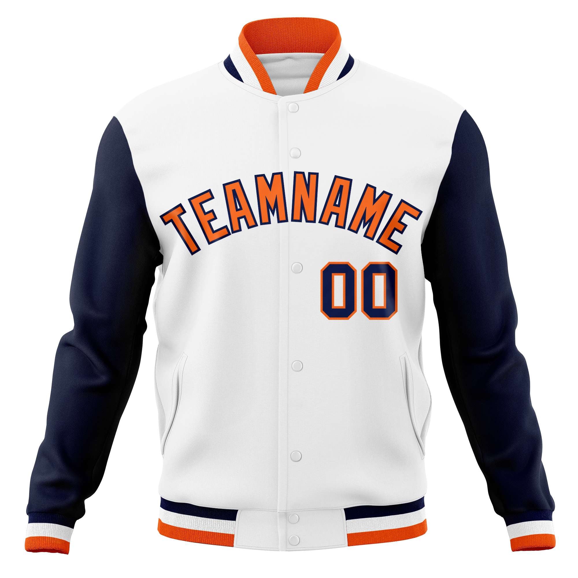 Custom White Orange-Navy Varsity Full-Snap Raglan Sleeves Letterman Baseball Jacket