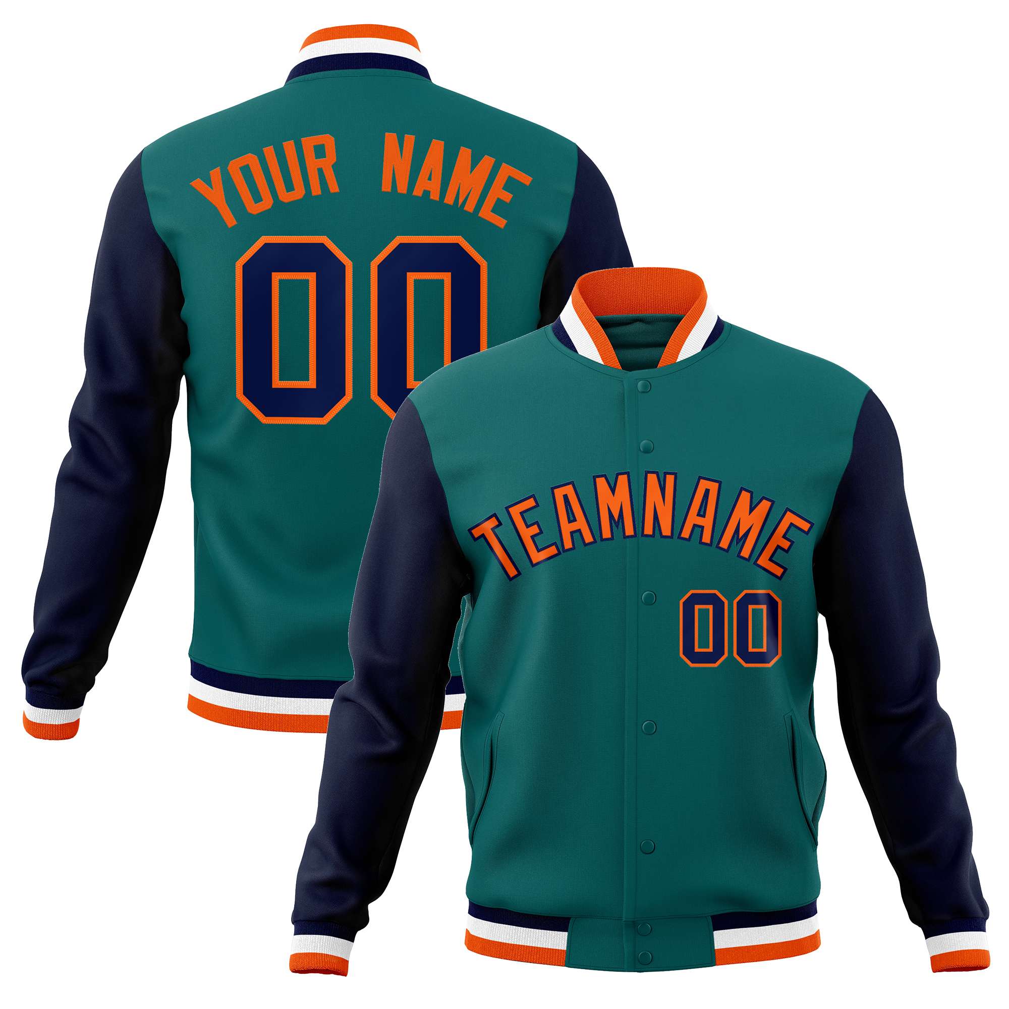 Custom Aqua Orange-Navy Varsity Full-Snap Raglan Sleeves Letterman Baseball Jacket