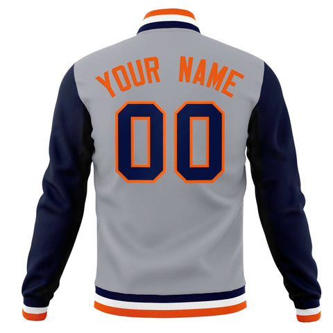 Custom Gray Orange-Navy Varsity Full-Snap Raglan Sleeves Letterman Baseball Jacket