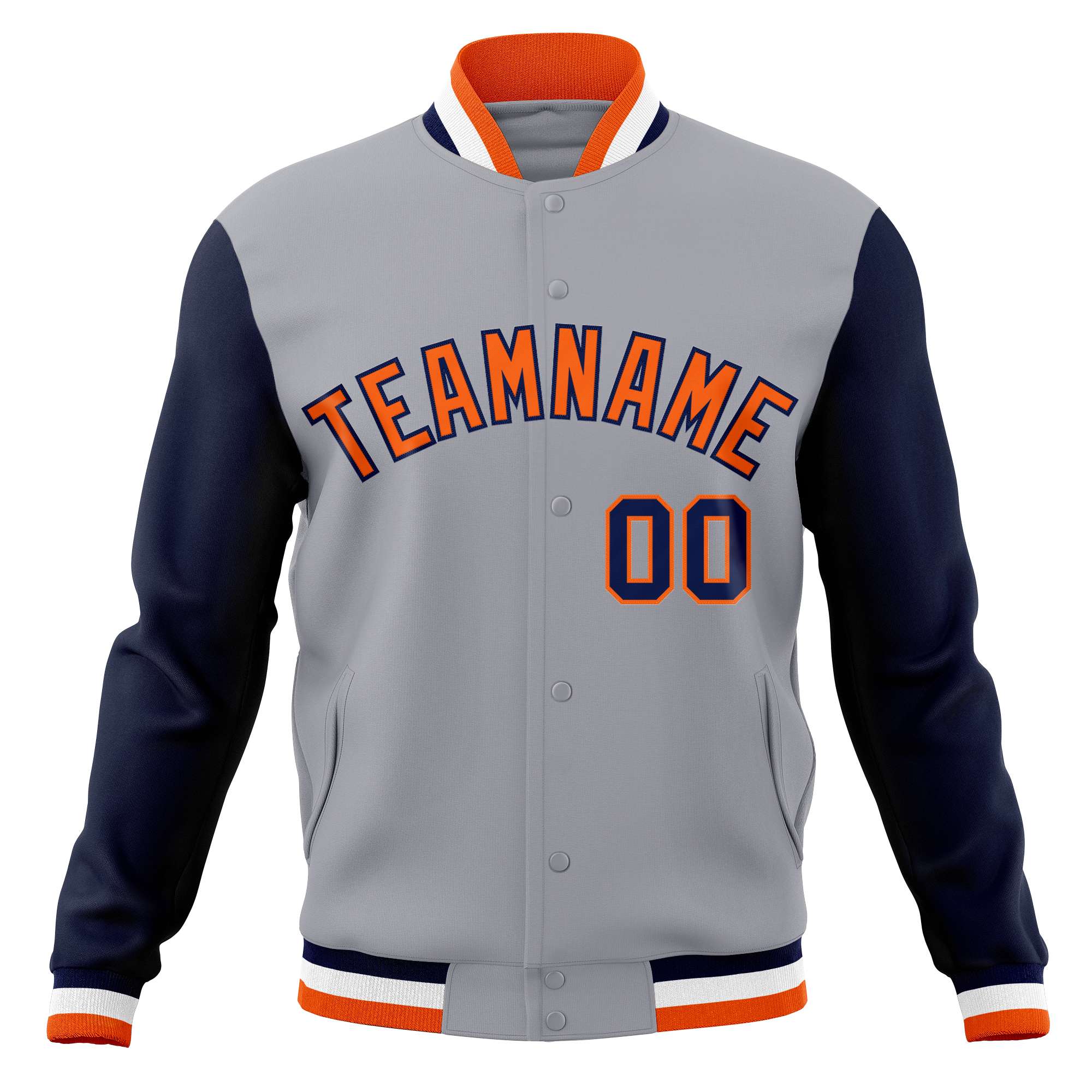 Custom Gray Orange-Navy Varsity Full-Snap Raglan Sleeves Letterman Baseball Jacket