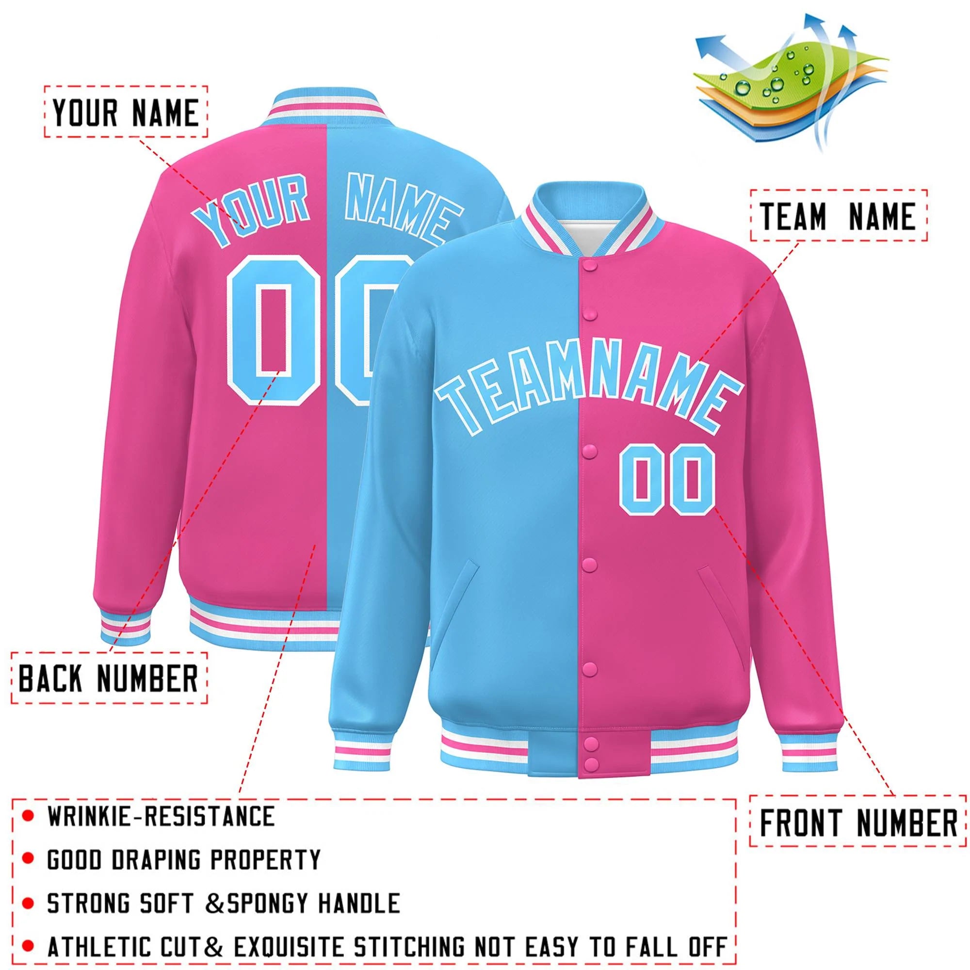 Custom Pink Powder Blue-White Letterman Two Tone Split Fashion Varsity Full-Snap Jacket