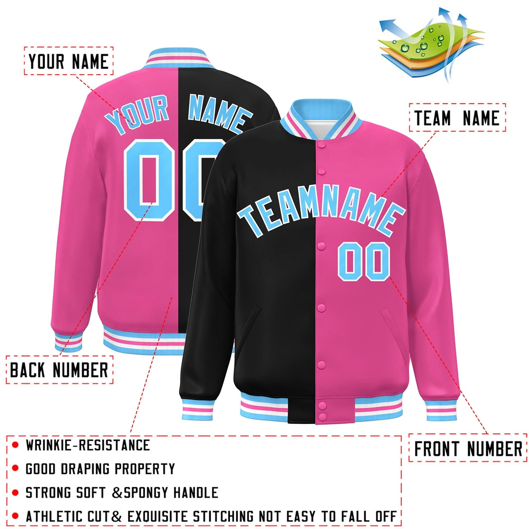 Custom Pink Black-Powder Blue Letterman Two Tone Split Fashion Varsity Full-Snap Jacket