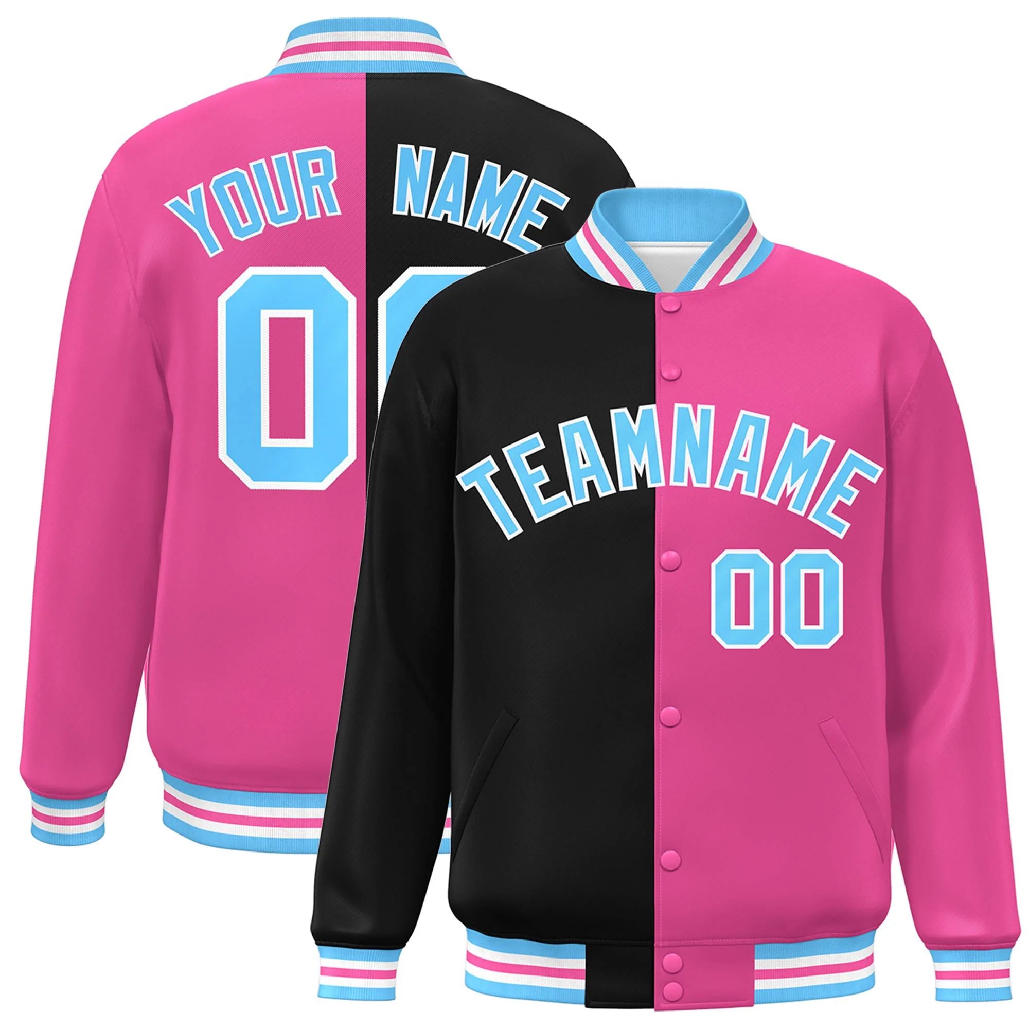 Custom Pink Black-Powder Blue Letterman Two Tone Split Fashion Varsity Full-Snap Jacket