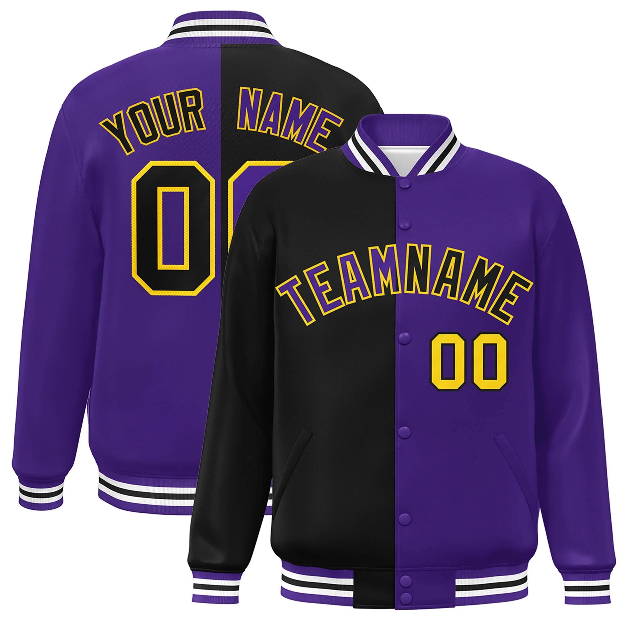 Custom Purple Black-Gold Letterman Two Tone Split Fashion Varsity Full-Snap Jacket