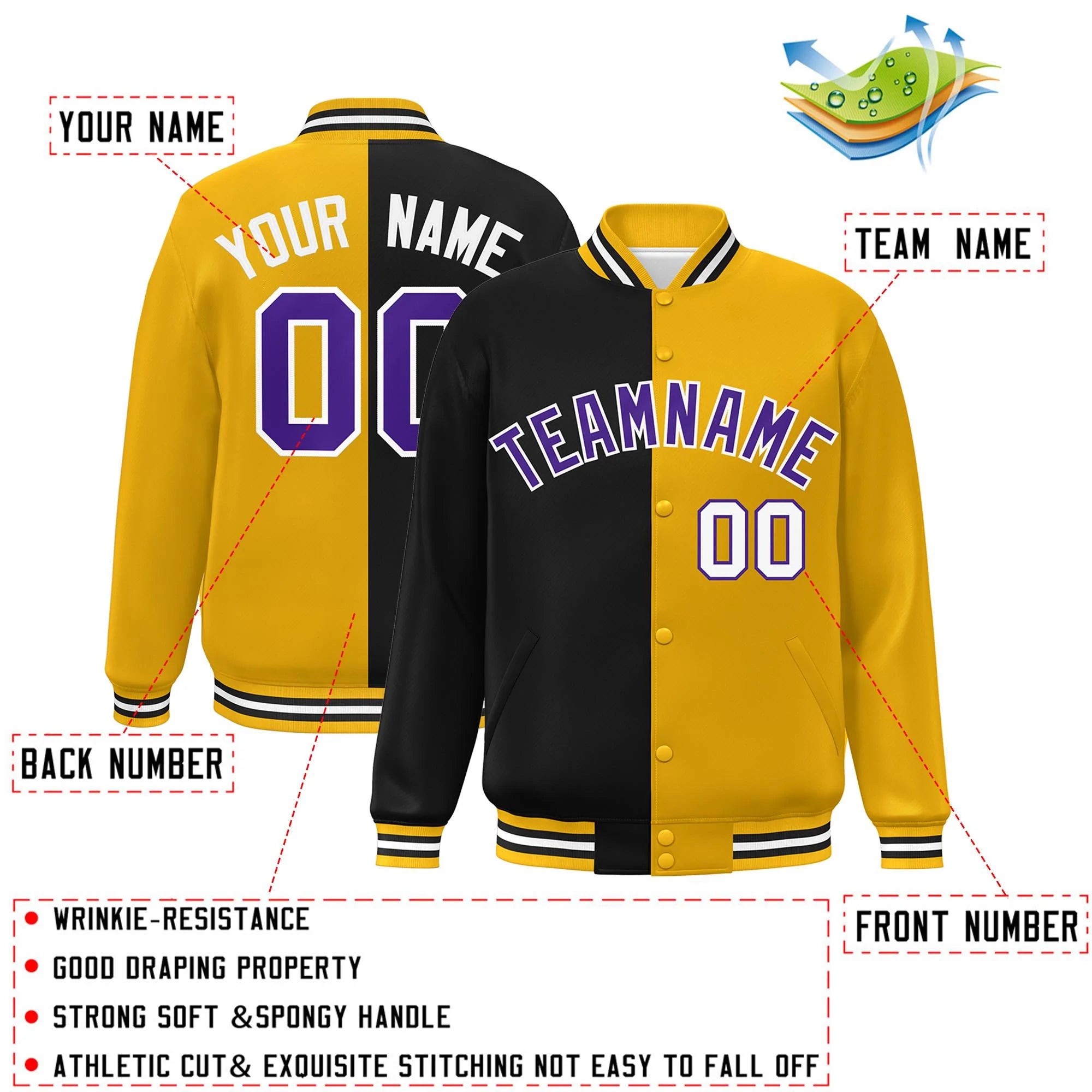 Custom Gold Noir-Violet Letterman Deux Tons Split Fashion Varsity Full-Snap Jacket