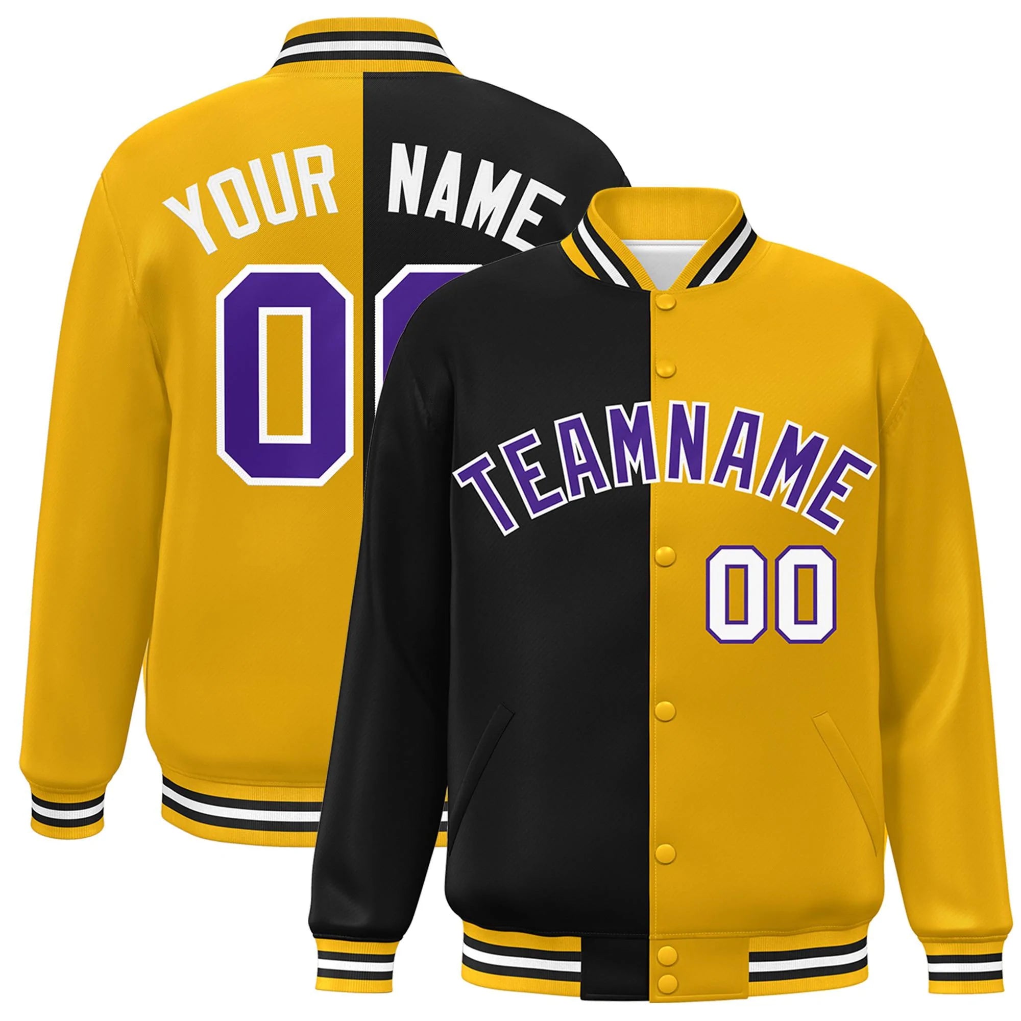 Custom Gold Black-Purple Letterman Two Tone Split Fashion Varsity Full-Snap Jacket