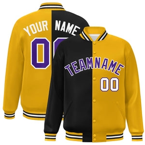 Custom Gold Noir-Violet Letterman Deux Tons Split Fashion Varsity Full-Snap Jacket