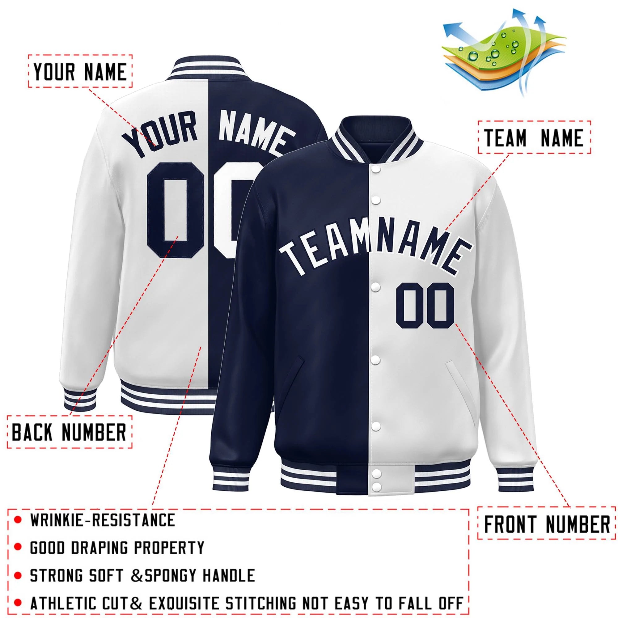 Custom White Navy Letterman Two Tone Split Fashion Varsity Full-Snap Jacket