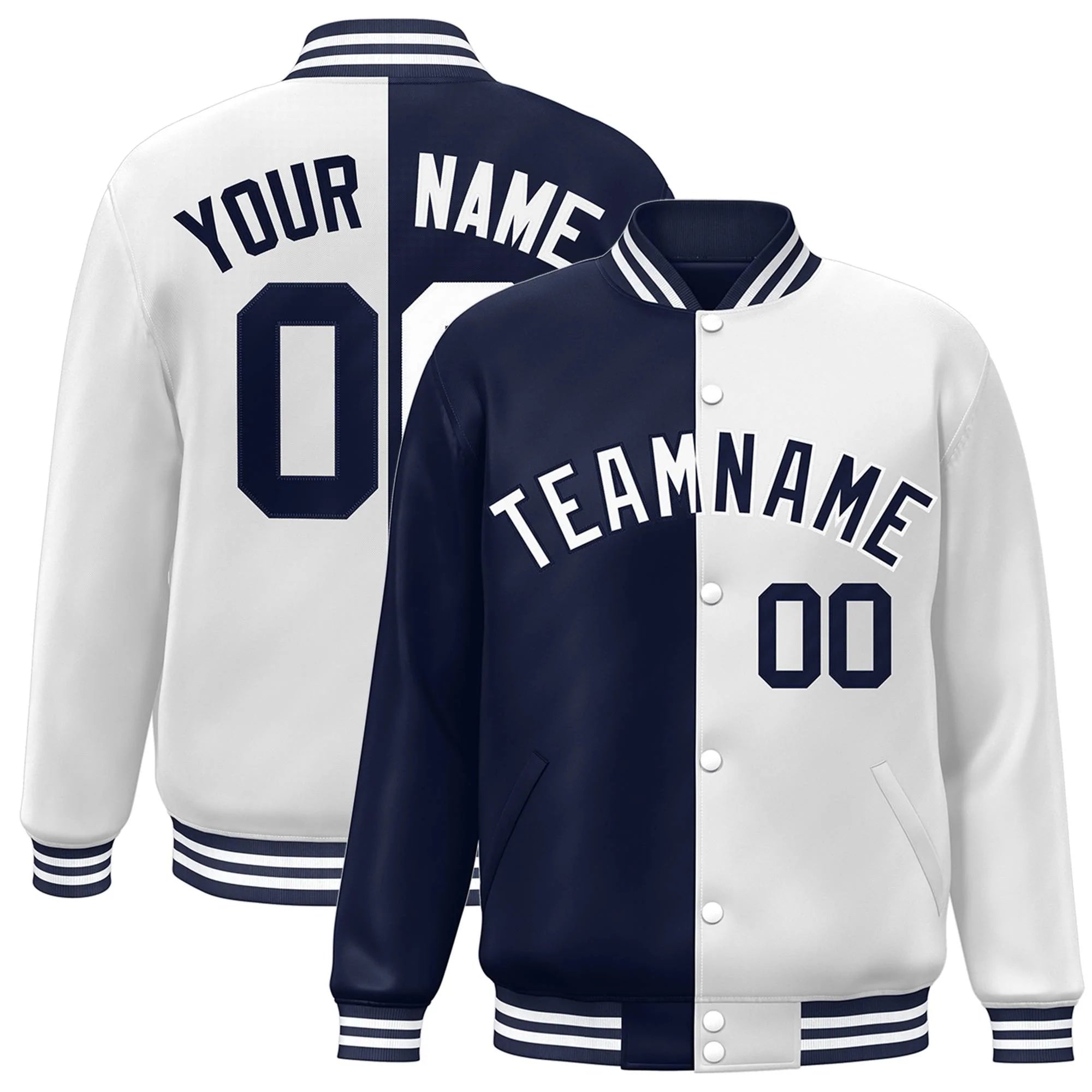 Custom White Navy Letterman Two Tone Split Fashion Varsity Full-Snap Jacket