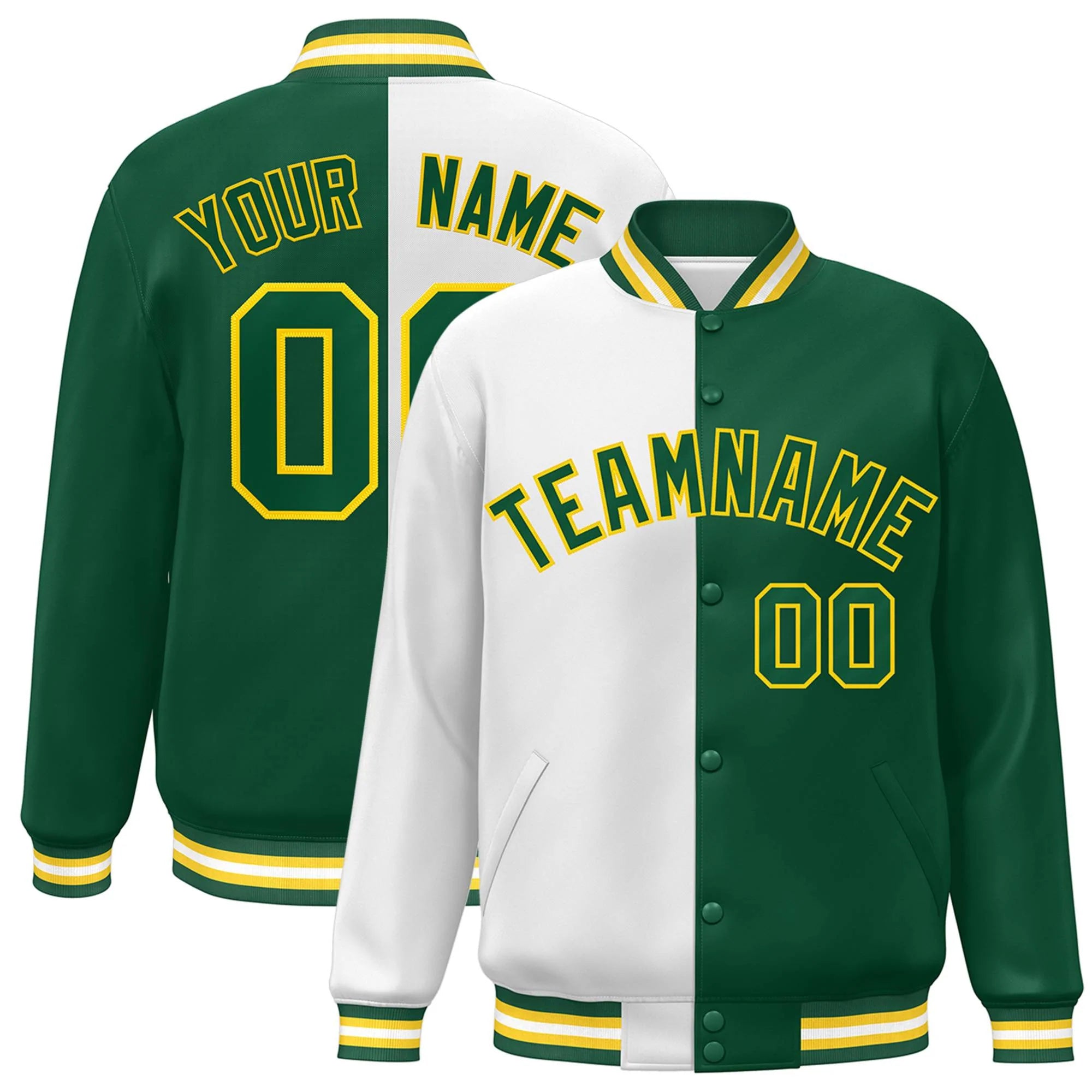 Custom Green White-Gold Letterman Two Tone Split Fashion Varsity Full-Snap Jacket