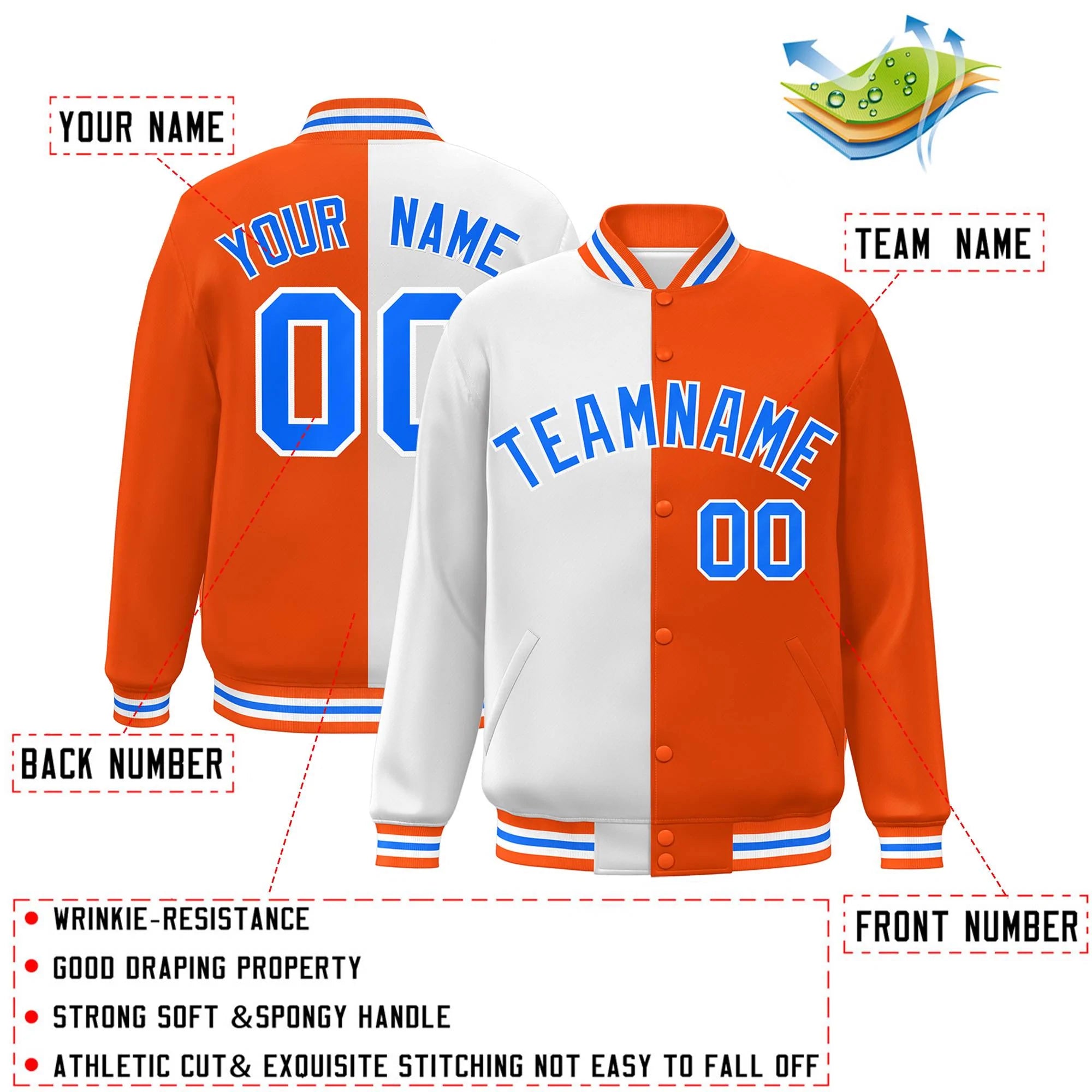 Custom Orange Blanc-Bleu Poudre Letterman Deux Tons Split Fashion Varsity Full-Snap Jacket