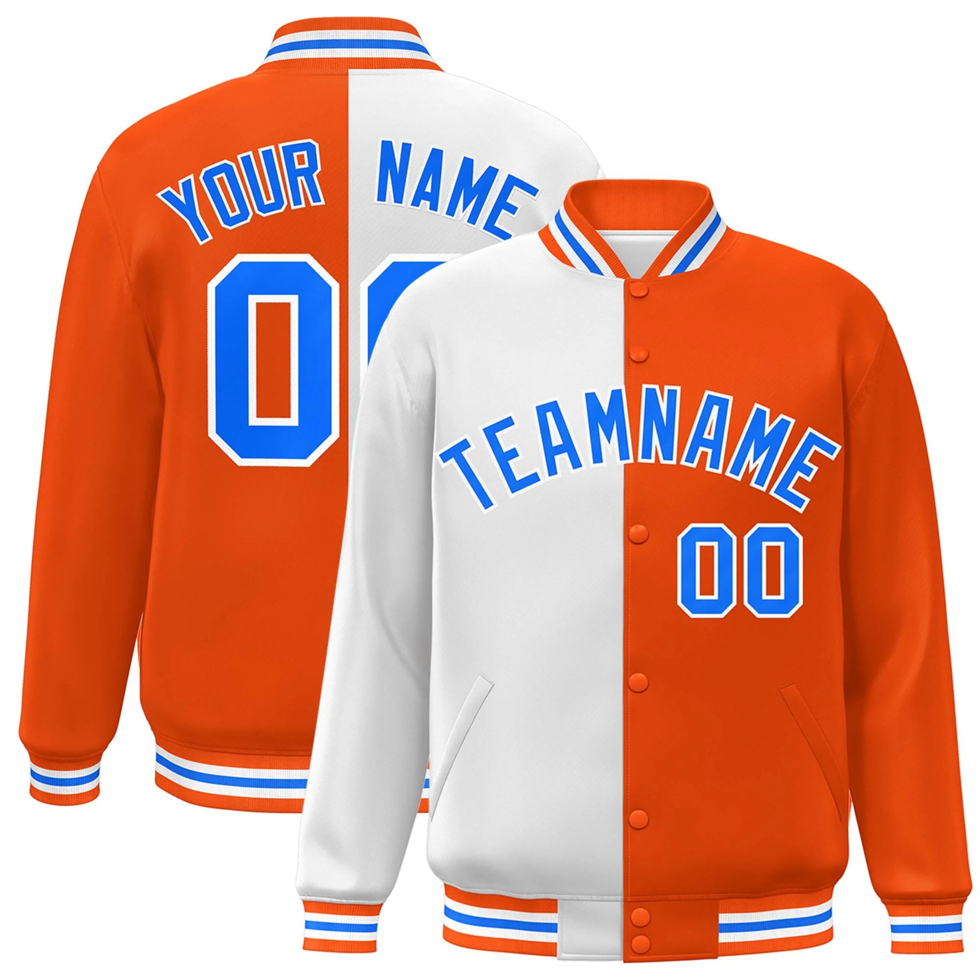 Custom Orange White-Powder Blue Letterman Two Tone Split Fashion Varsity Full-Snap Jacket