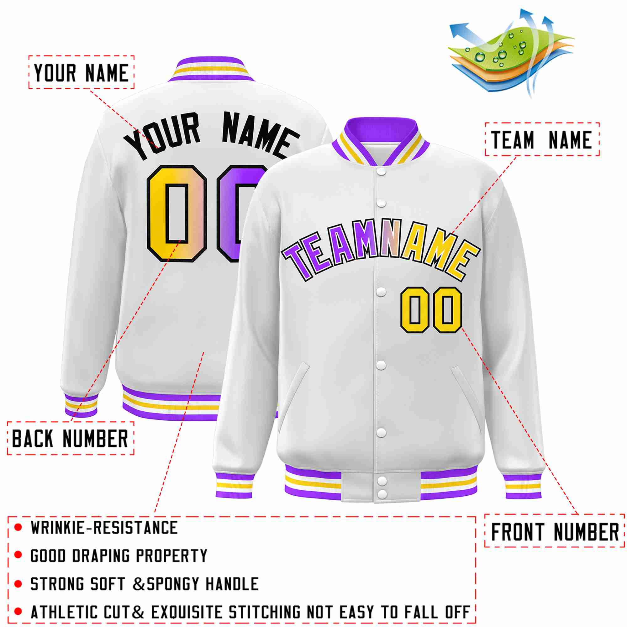 Custom White Purple-White Gradient Fashion Letterman Bomber Varsity Jacket