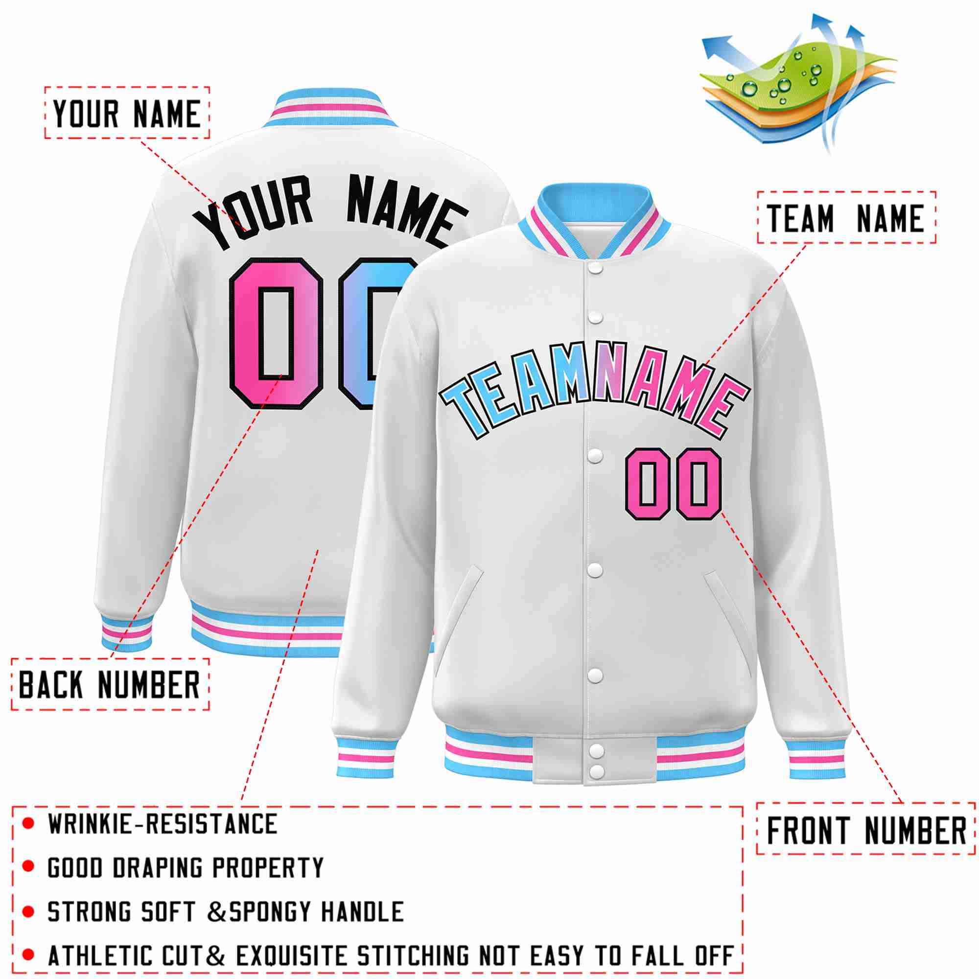 Custom White Powder Blue-White Gradient Fashion Letterman Bomber Varsity Jacket