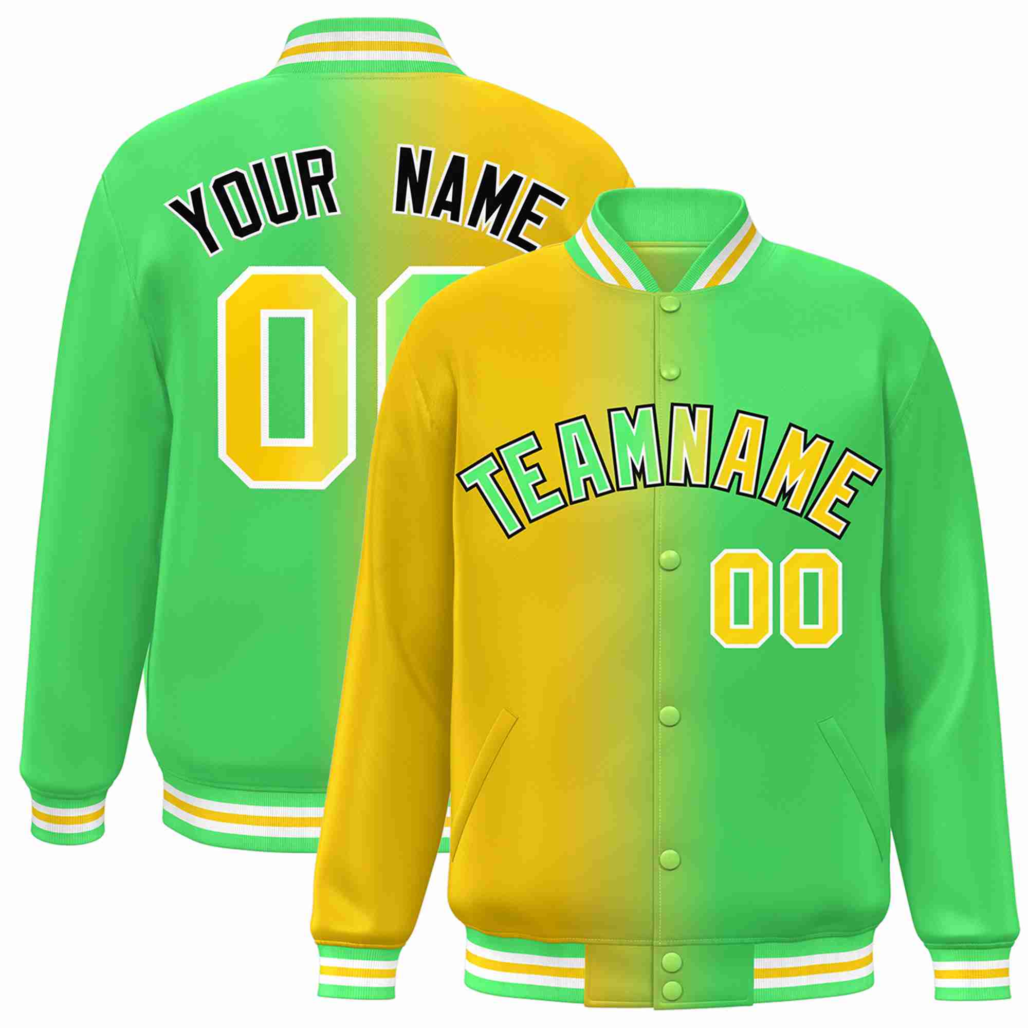 Veste Varsity Bomber Letterman Jaune Néon Vert-Blanc Dégradé Personnalisé