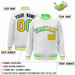 Custom White Green-White Gradient Fashion Letterman Bomber Varsity Jacket