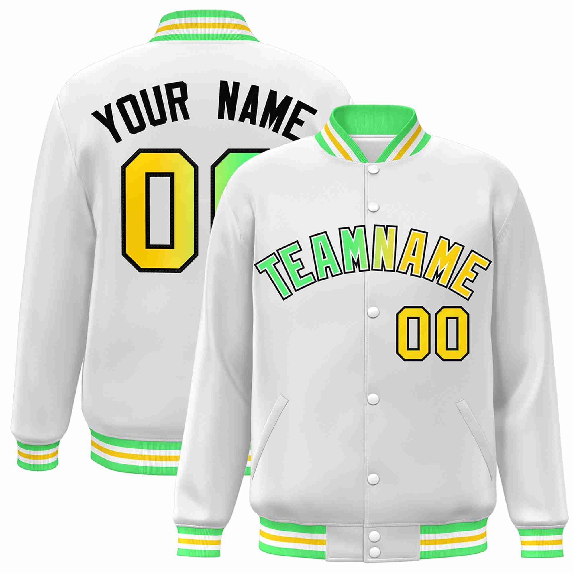 Custom White Green-White Gradient Fashion Letterman Bomber Varsity Jacket