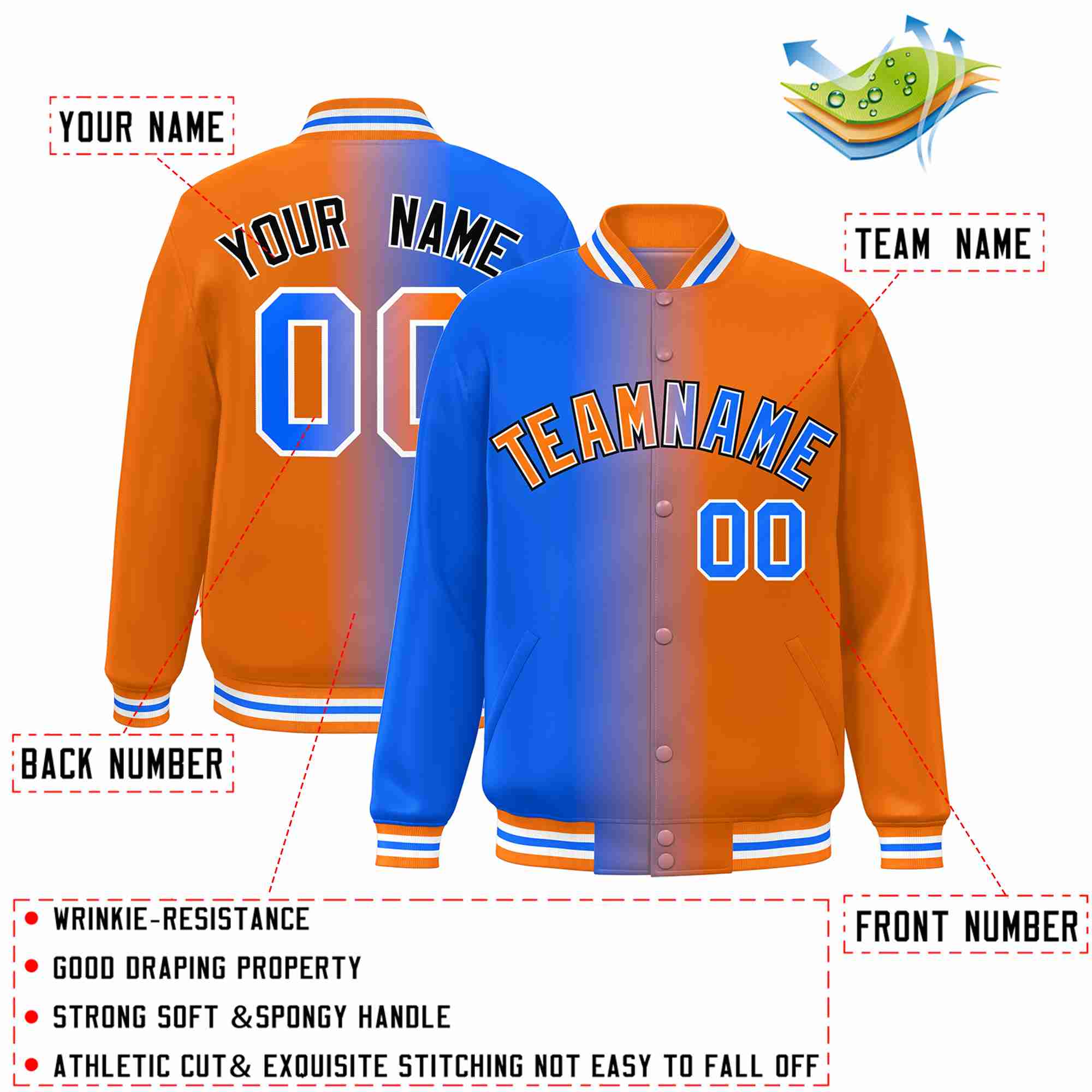 Custom Blue Orange-White Gradient Fashion Letterman Bomber Varsity Jacket