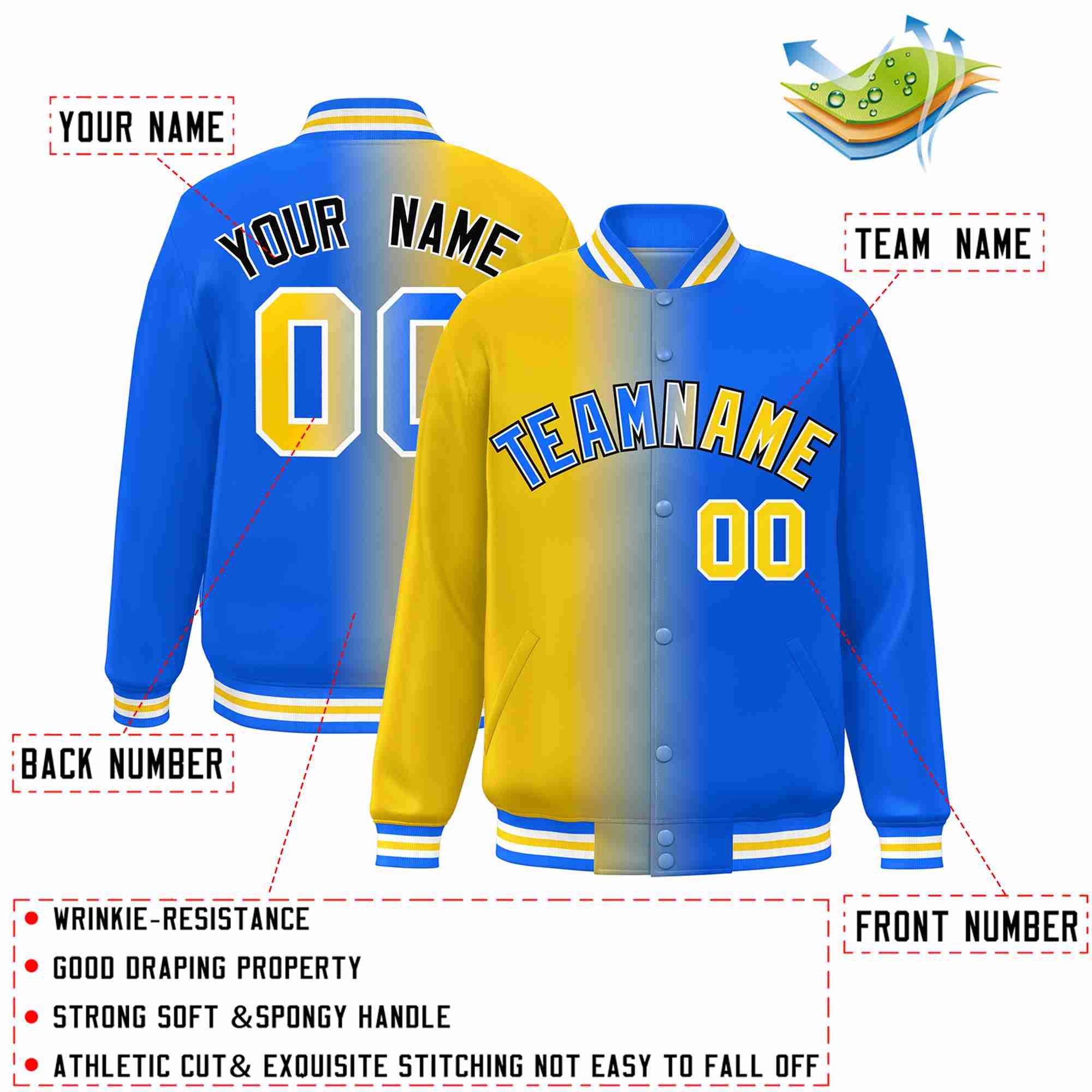 Custom Yellow Blue-White Gradient Fashion Letterman Bomber Varsity Jacket