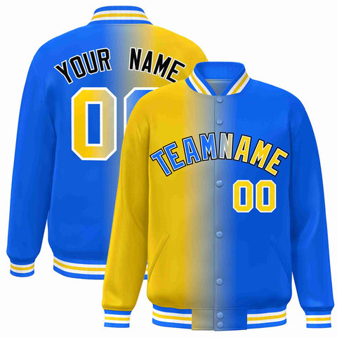 Custom Yellow Blue-White Gradient Fashion Letterman Bomber Varsity Jacket