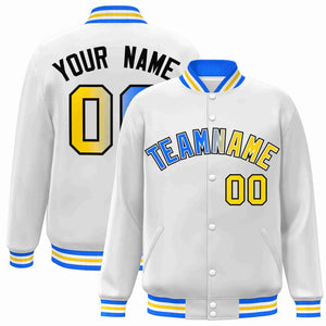 Custom White Yellow-White Gradient Fashion Letterman Bomber Varsity Jacket