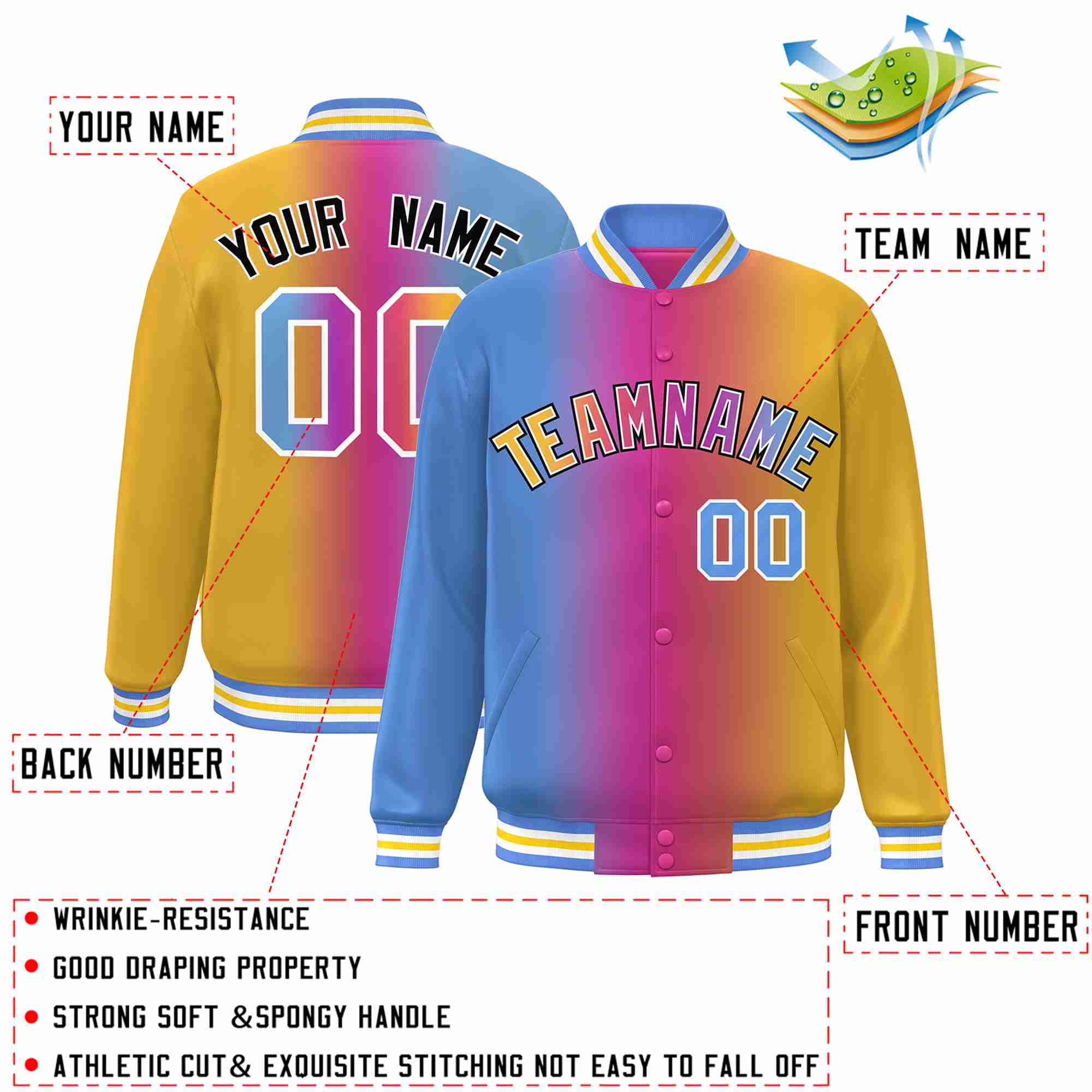 Custom Light Blue Purple-Yellow-White Gradient Fashion Letterman Bomber Varsity Jacket