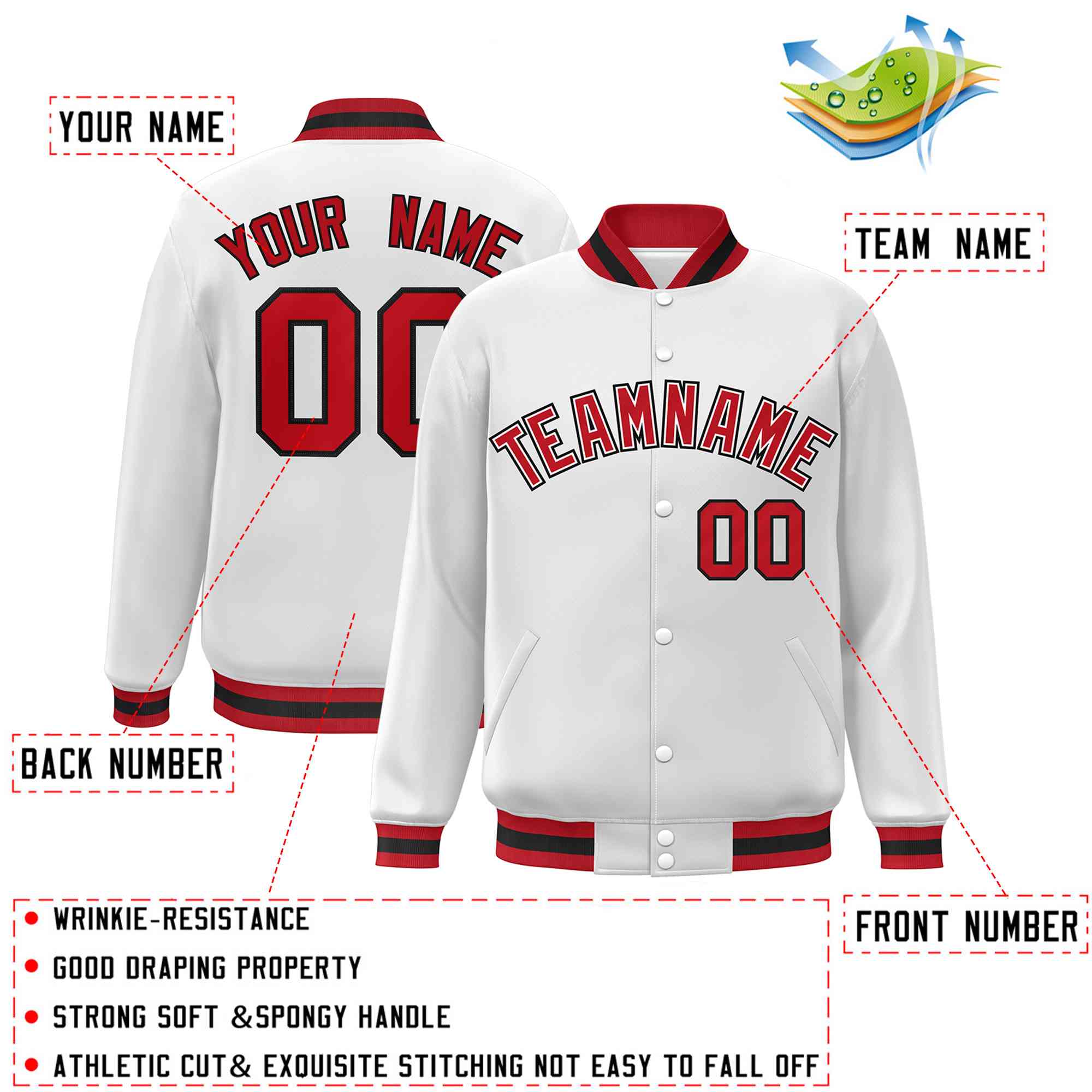 Custom White Red-White Classic Style Varsity Full-Snap Letterman Jacket