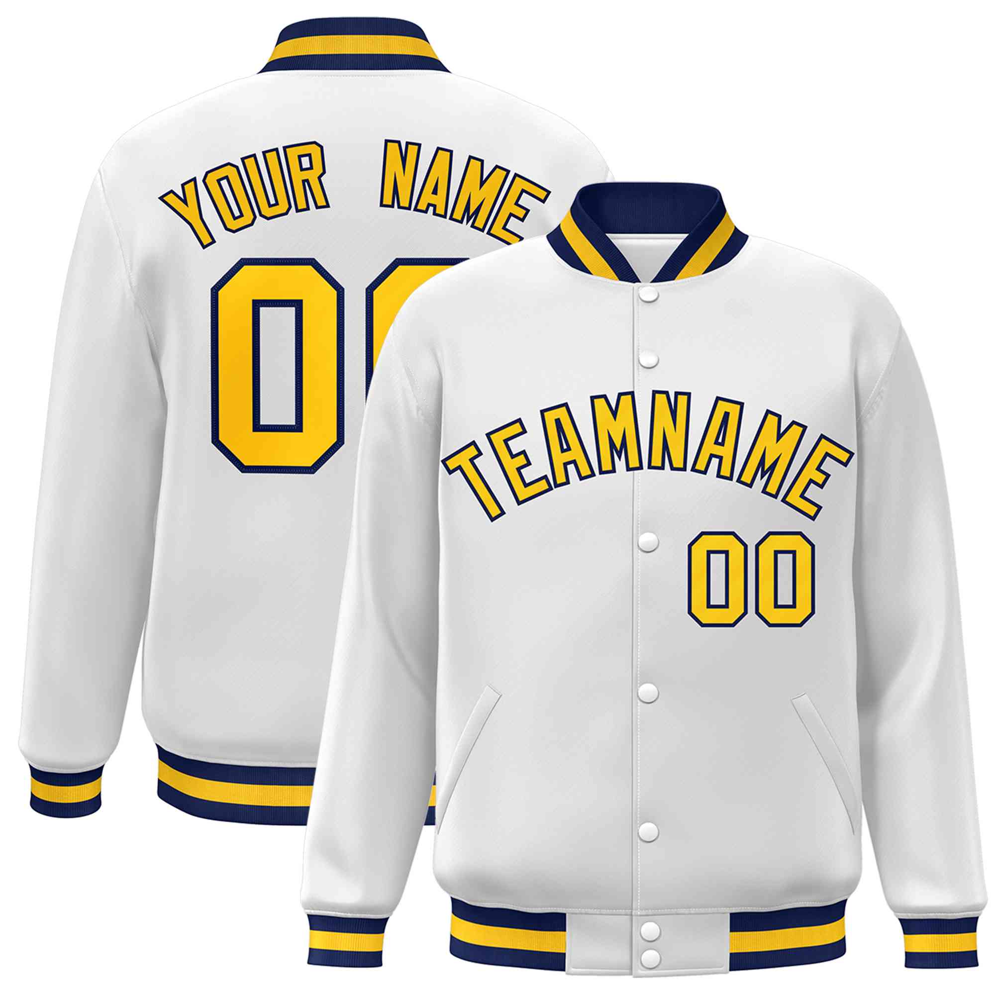 Custom White Gold-Navy Classic Style Varsity Full-Snap Letterman Jacket