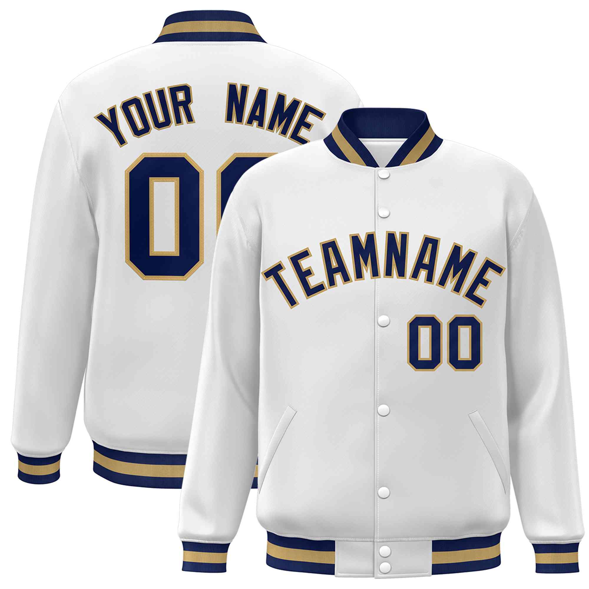 Custom White Navy-Old Gold Classic Style Varsity Full-Snap Letterman Jacket