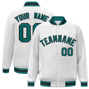 Veste Letterman personnalisée blanche aqua-noire de style classique à pression intégrale