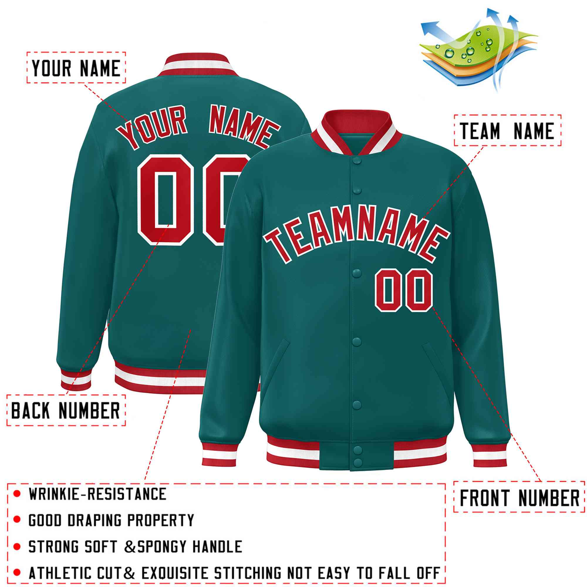 Custom Aqua Red-White Classic Style Varsity Full-Snap Letterman Jacket