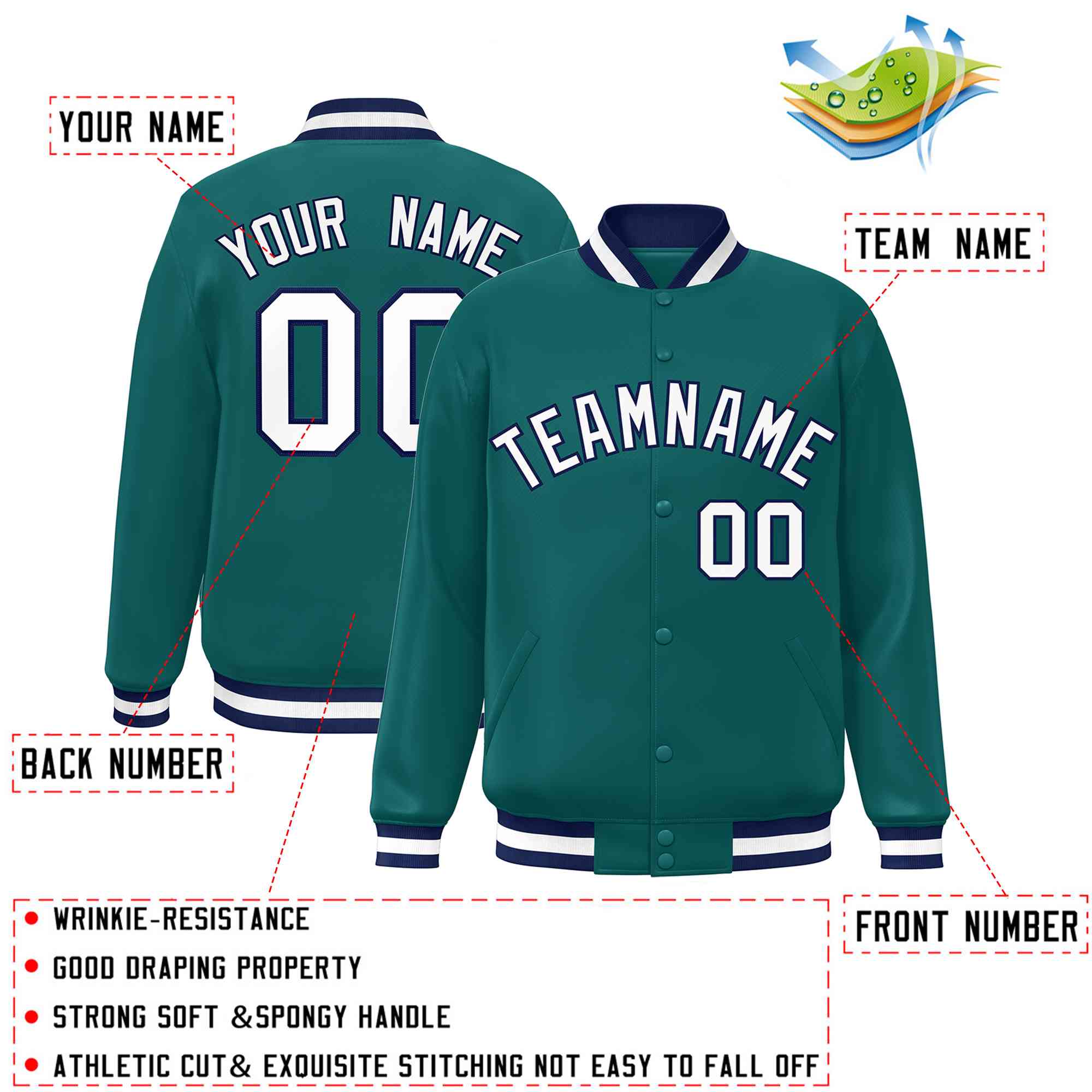 Custom Aqua White-Navy Classic Style Varsity Full-Snap Letterman Jacket