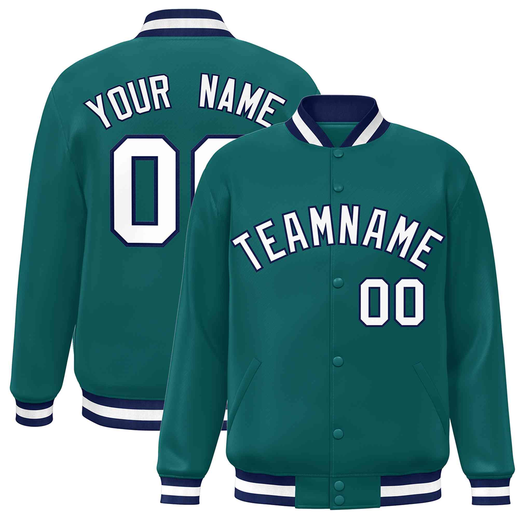 Custom Aqua White-Navy Classic Style Varsity Full-Snap Letterman Jacket