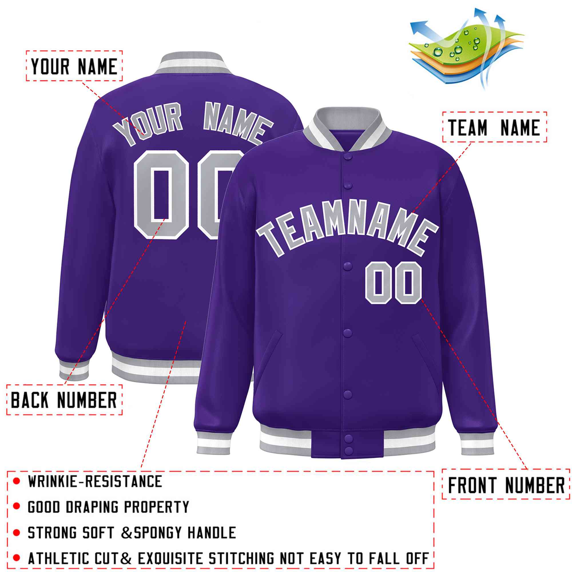 Custom Purple Gray-White Classic Style Varsity Full-Snap Letterman Jacket