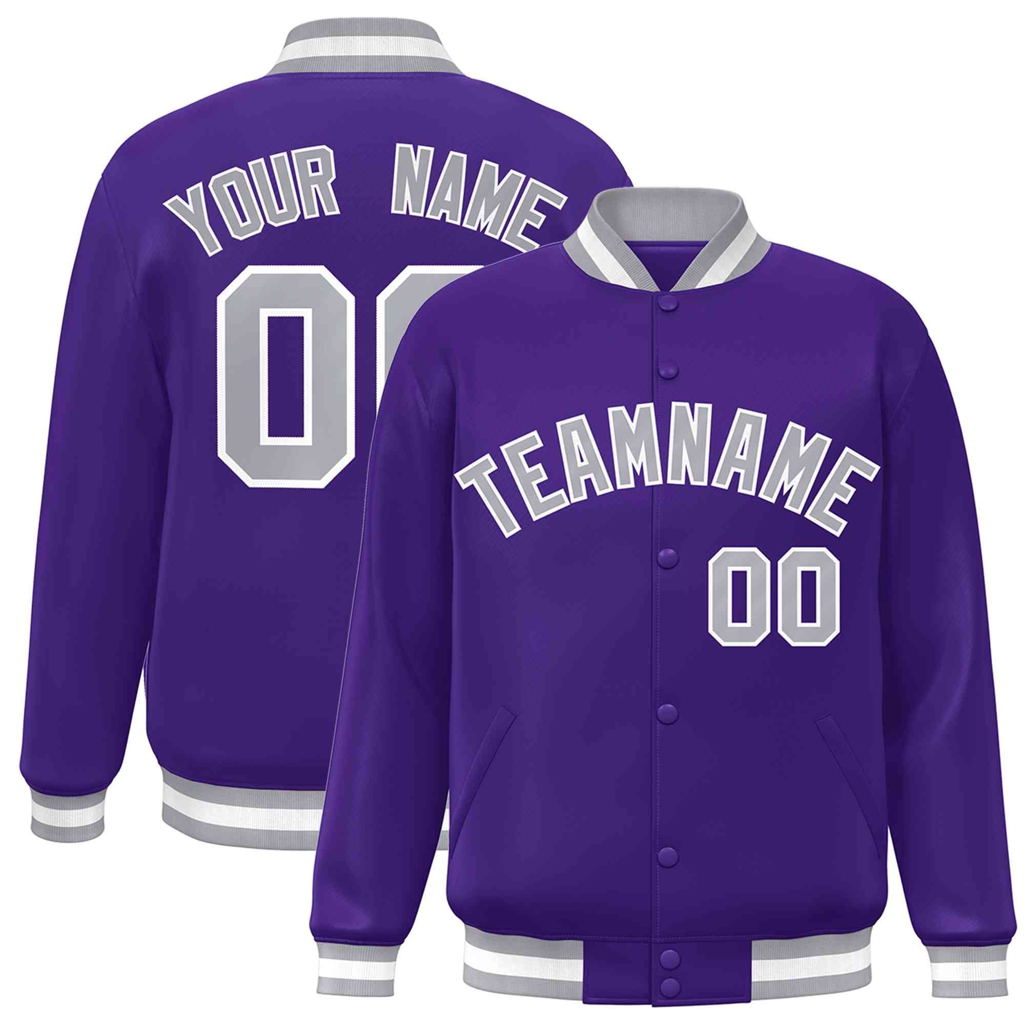 Custom Purple Gray-White Classic Style Varsity Full-Snap Letterman Jacket