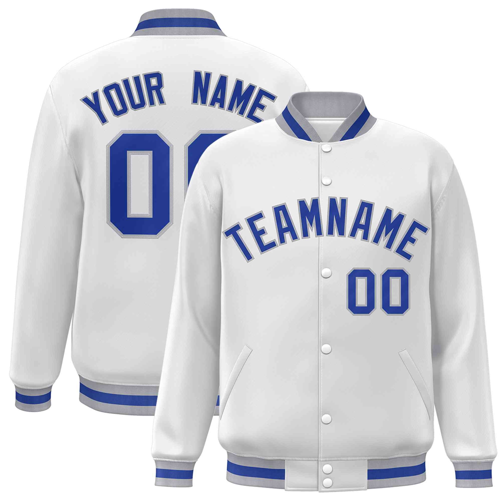 Custom White Royal-Gray Classic Style Varsity Full-Snap Letterman Jacket