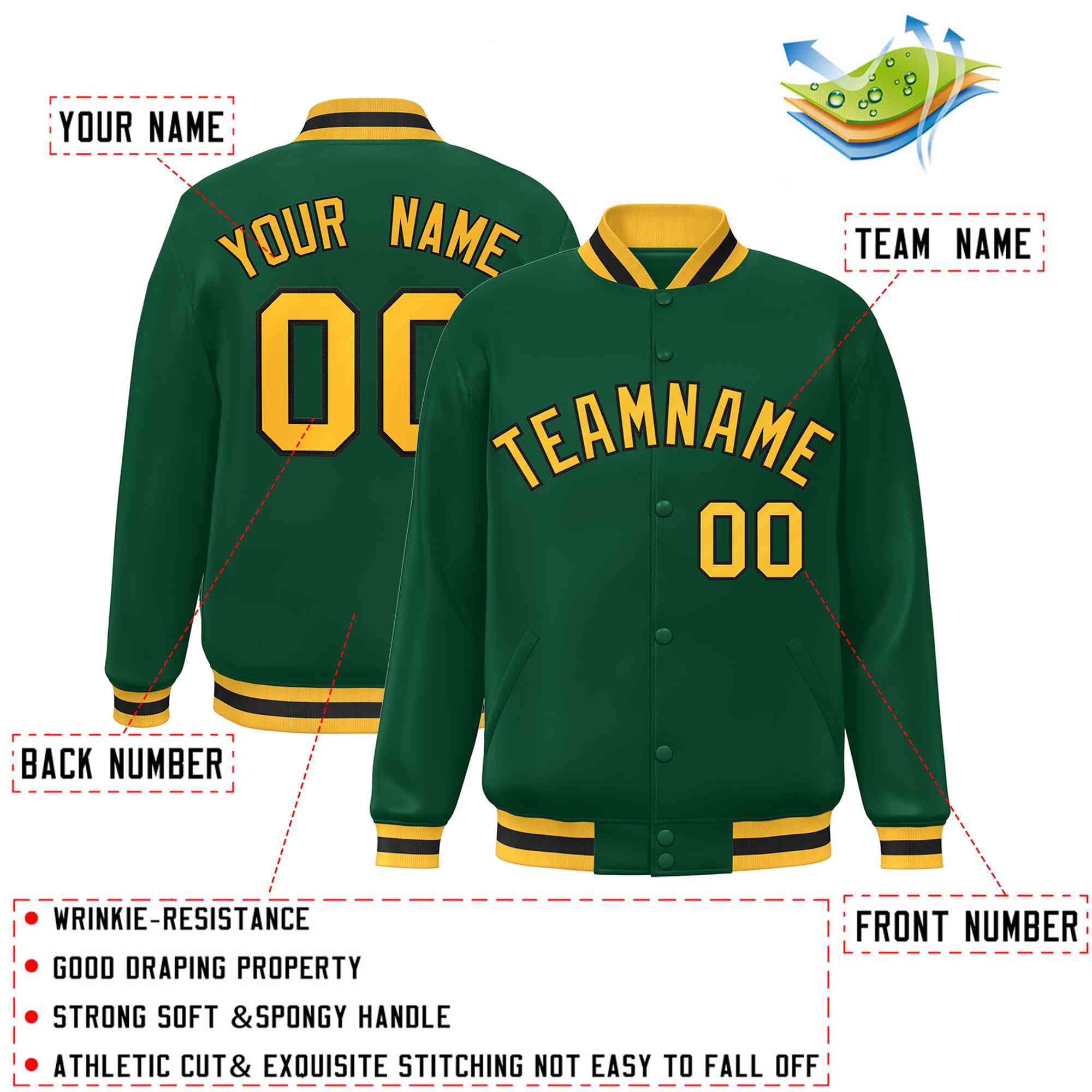 Custom Green Gold-Black Classic Style Varsity Full-Snap Letterman Jacket