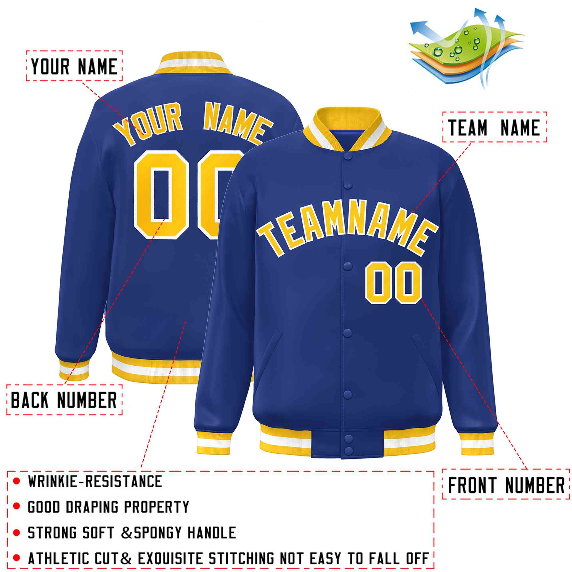 Custom Royal Gold-White Classic Style Varsity Full-Snap Letterman Jacket