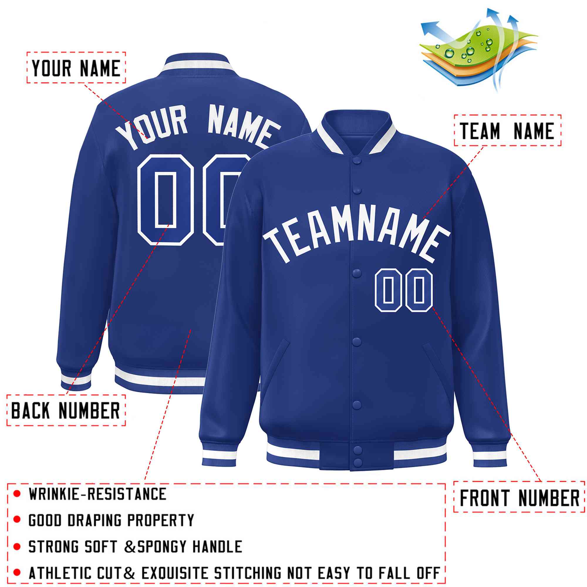 Custom Royal White Classic Style Varsity Full-Snap Letterman Jacket