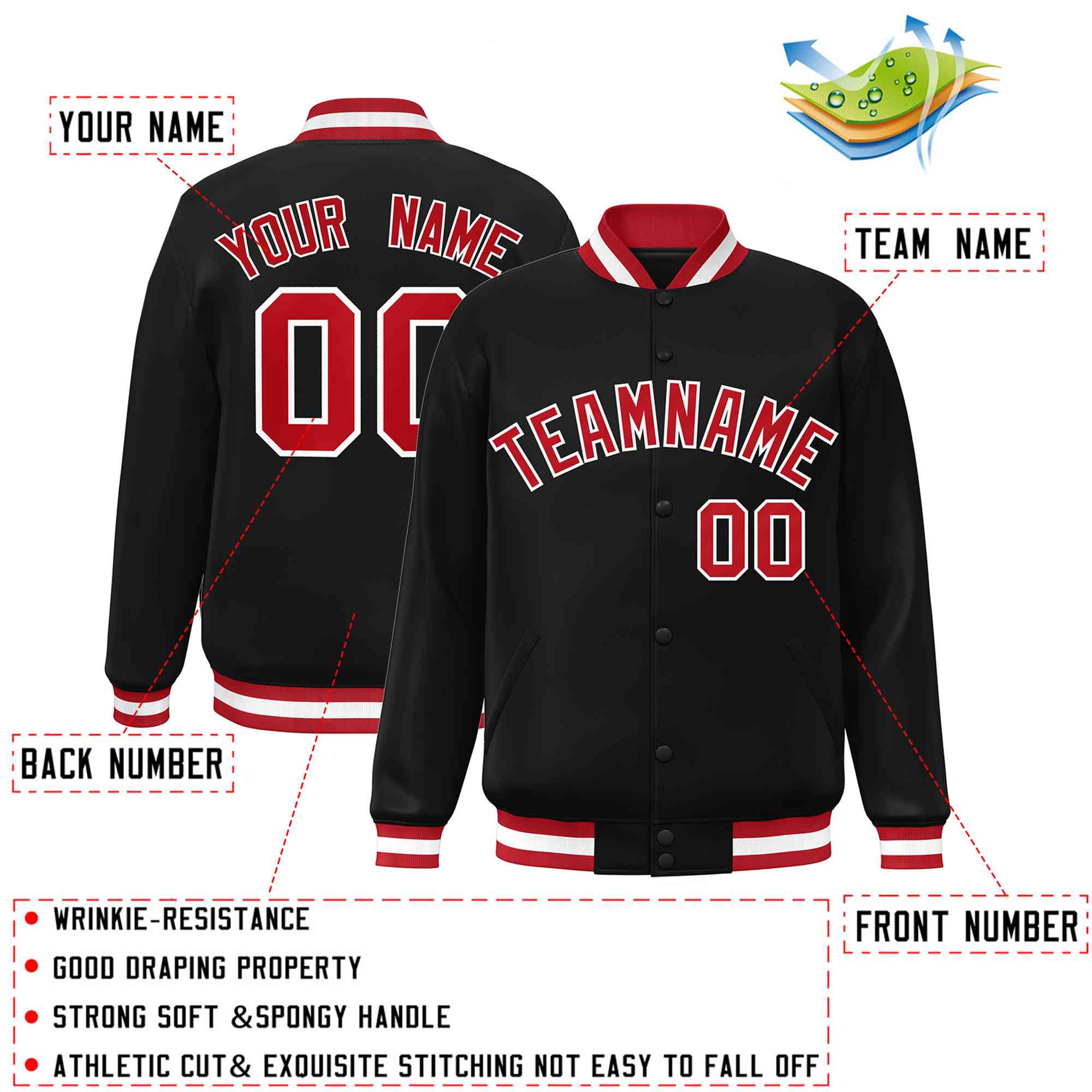 Custom Black Red-White Classic Style Varsity Full-Snap Letterman Jacket