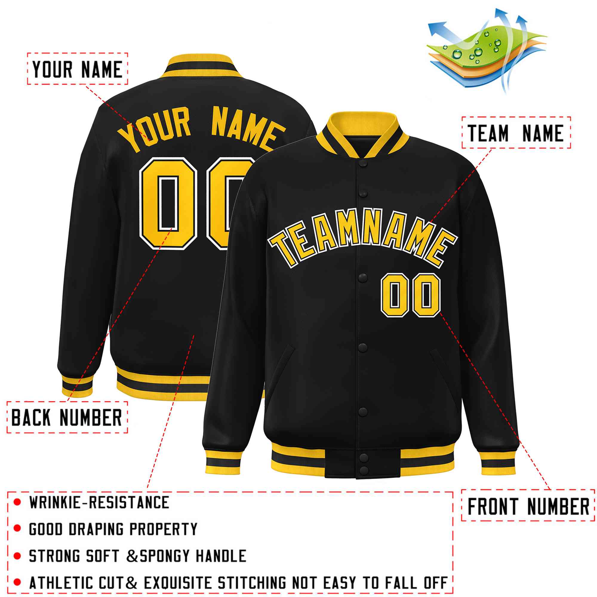 Custom Black Gold-Black Classic Style Varsity Full-Snap Letterman Jacket