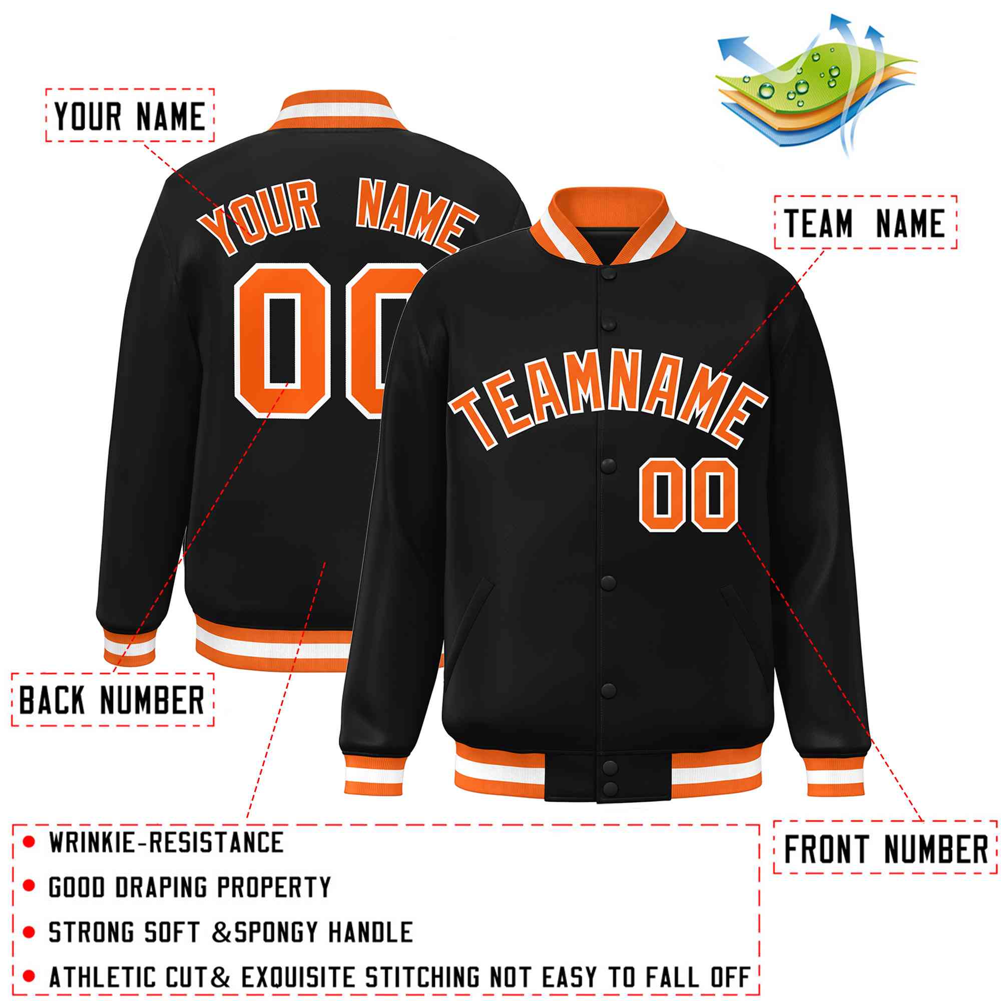 Custom Black Orange-White Classic Style Varsity Full-Snap Letterman Jacket