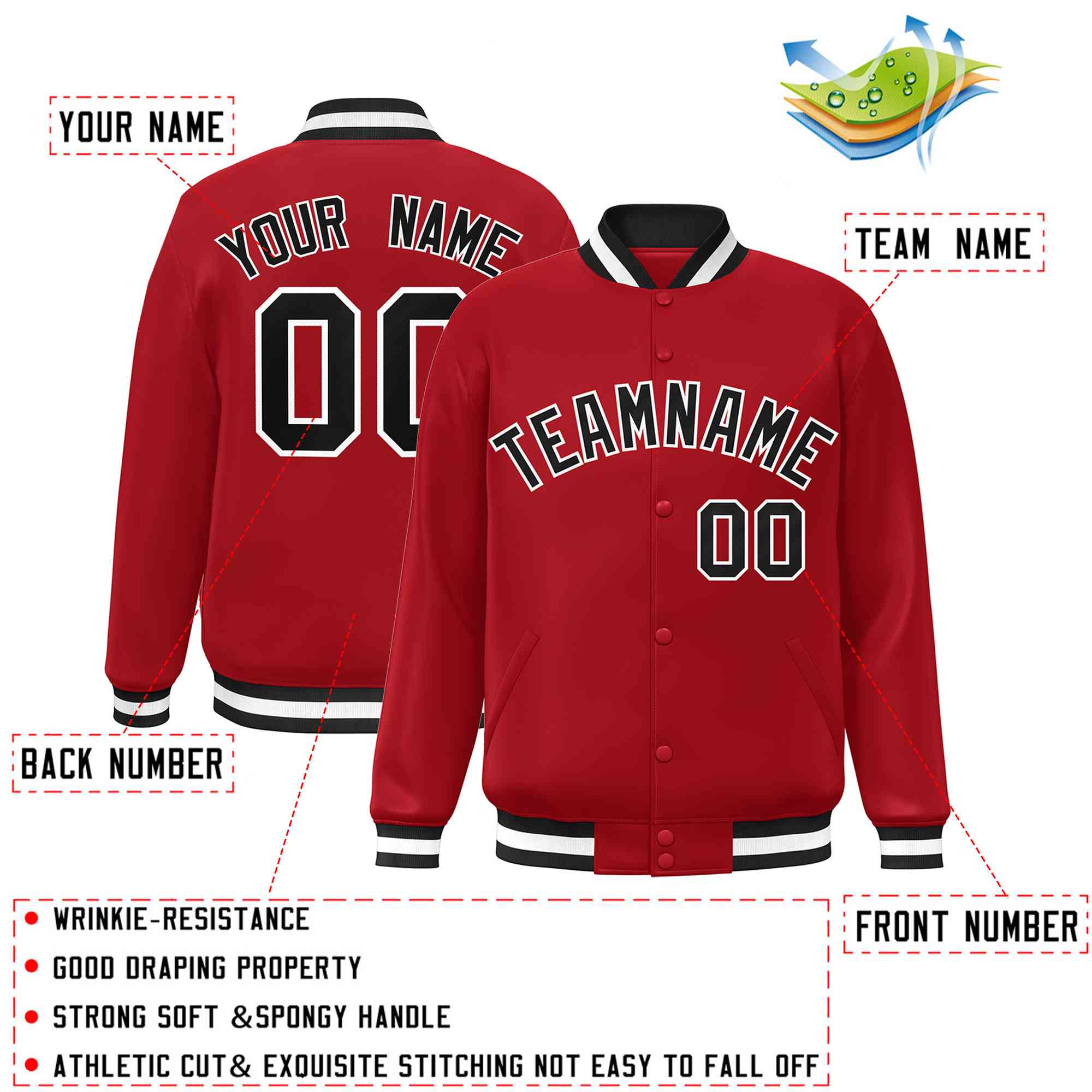 Custom Red Black-White Classic Style Varsity Full-Snap Letterman Jacket