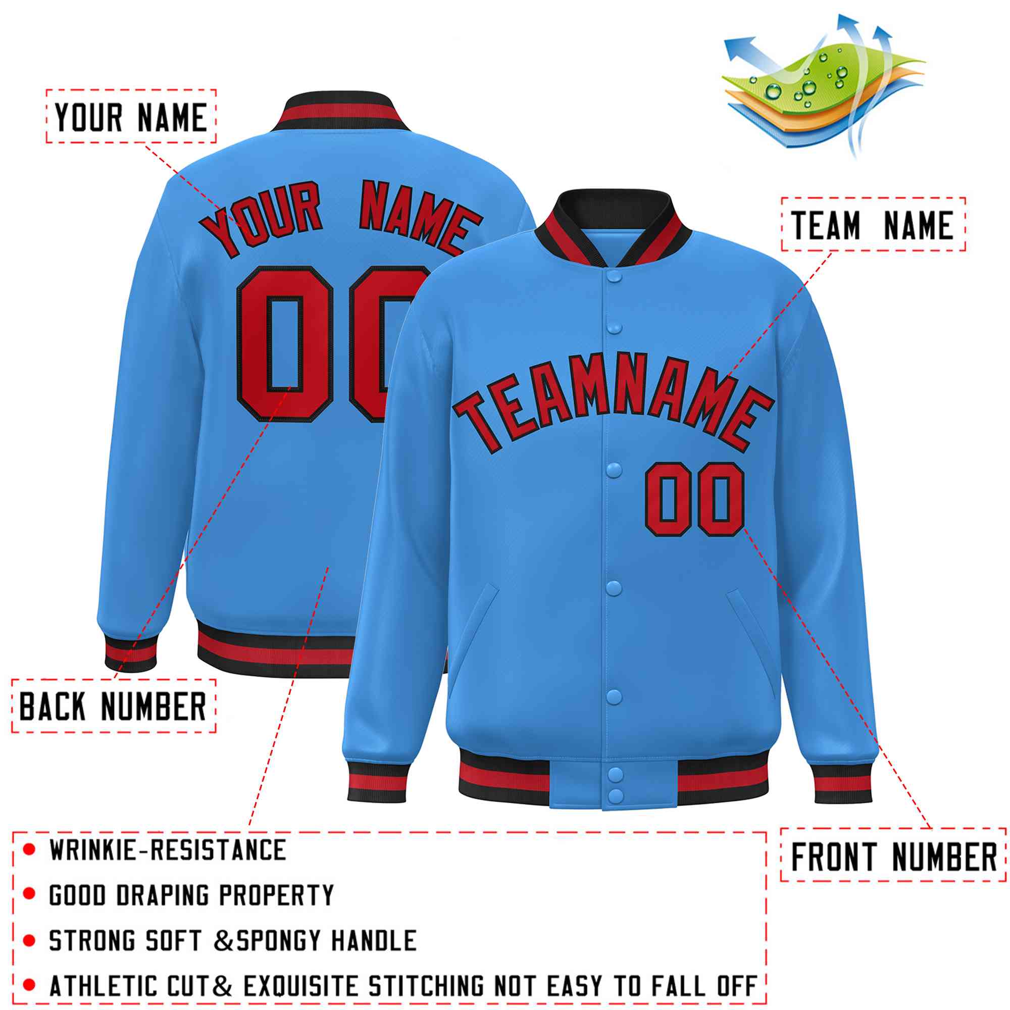 Custom Powder Blue Red-Black Classic Style Varsity Full-Snap Letterman Jacket