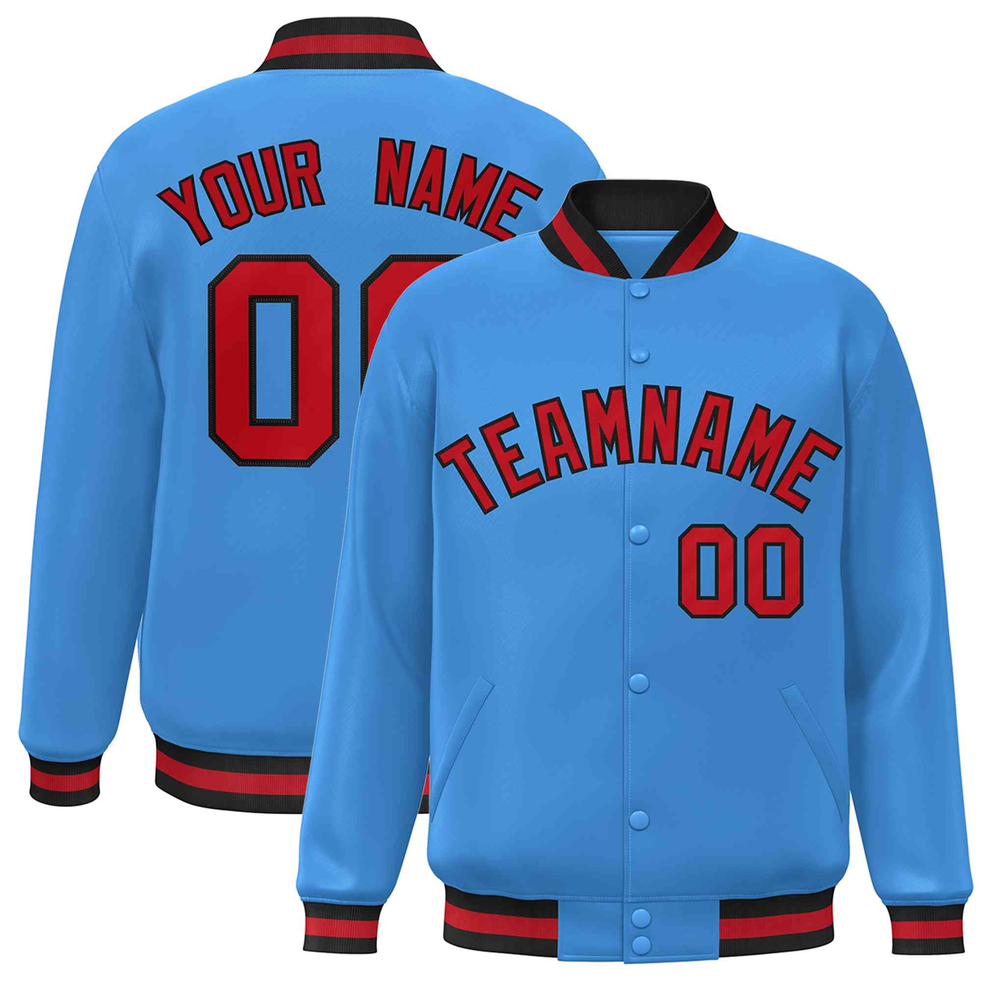 Custom Powder Blue Red-Black Classic Style Varsity Full-Snap Letterman Jacket