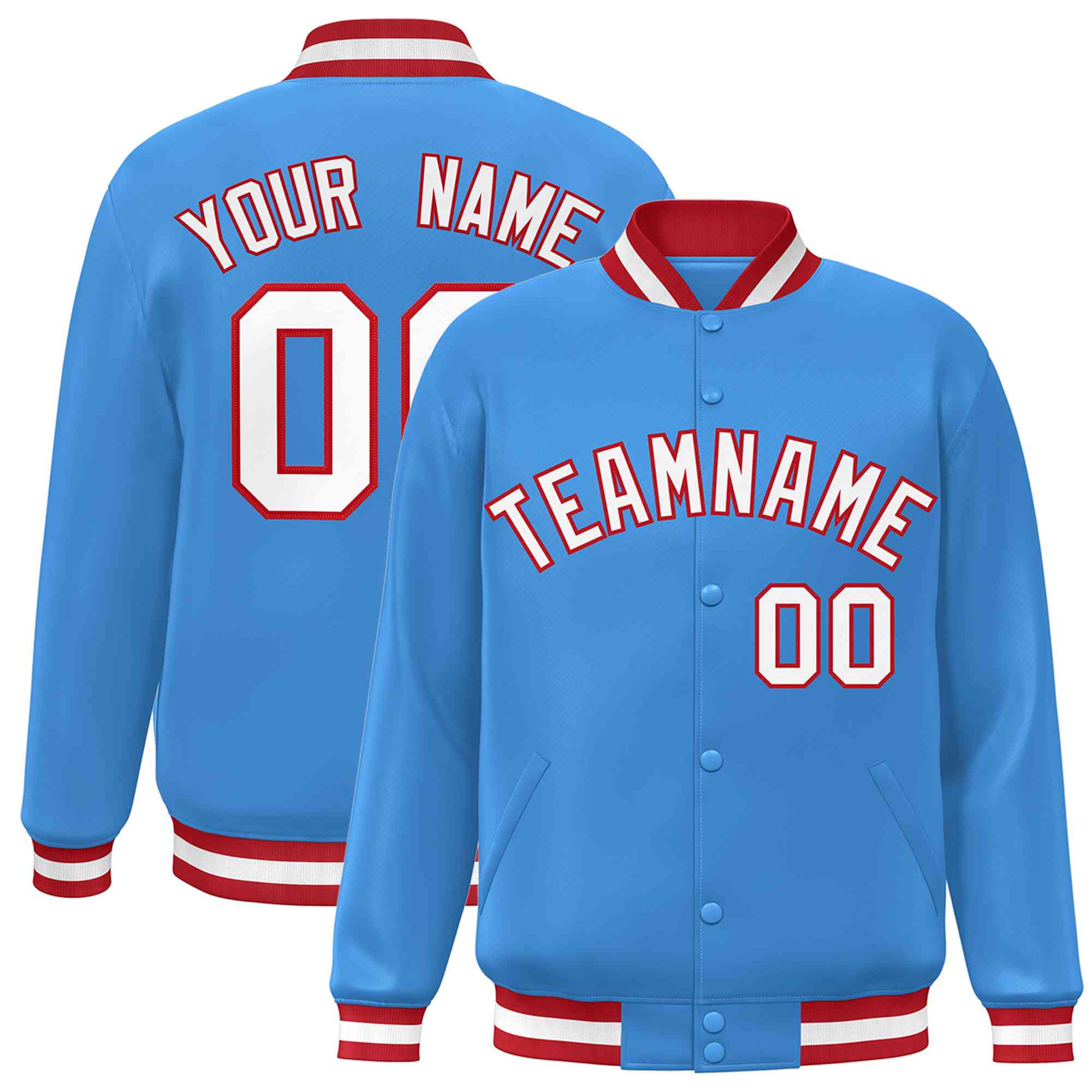 Custom Powder Blue White-Red Classic Style Varsity Full-Snap Letterman Jacket