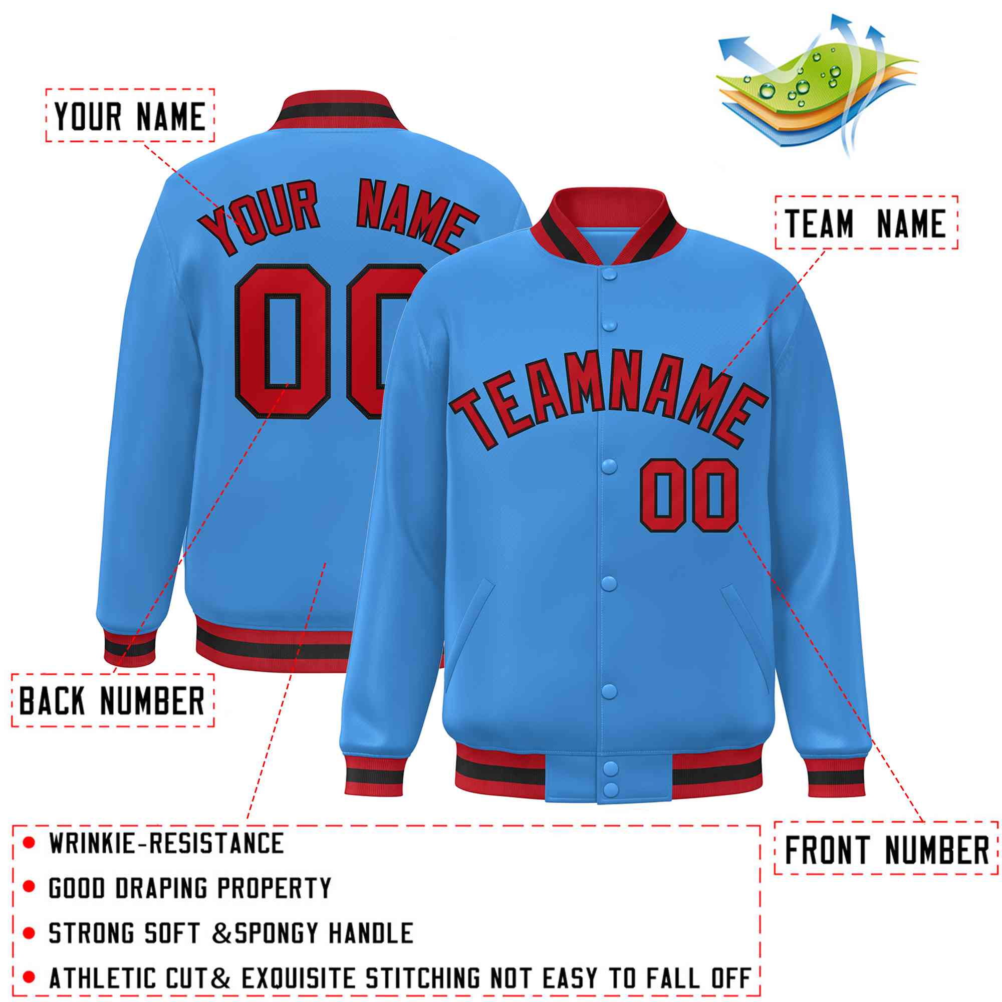 Custom Powder Blue Red-Black Classic Style Varsity Full-Snap Letterman Jacket