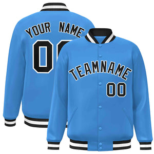 Custom Powder Blue Black-White Classic Style Varsity Full-Snap Letterman Jacket