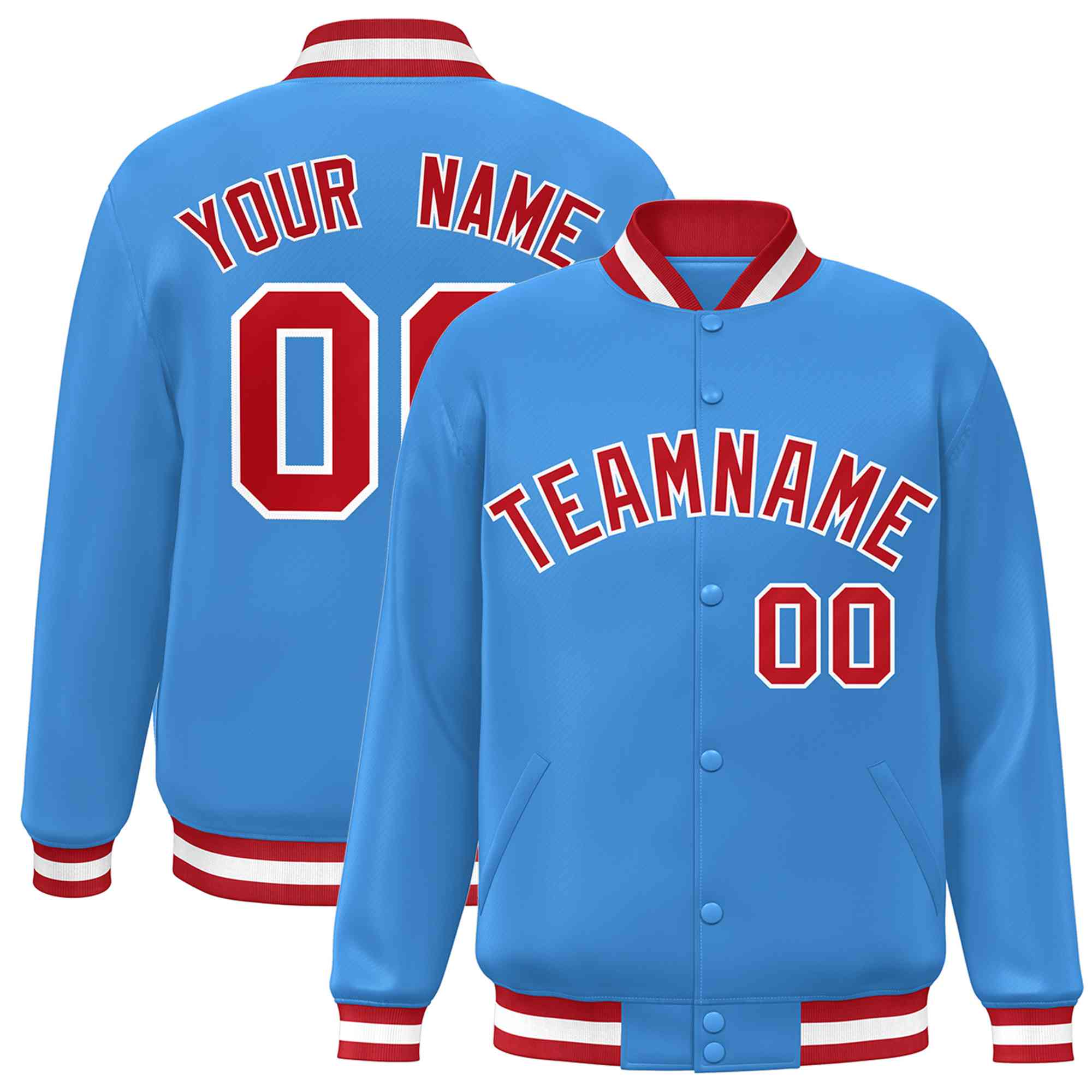 Custom Powder Blue Red-White Classic Style Varsity Full-Snap Letterman Jacket